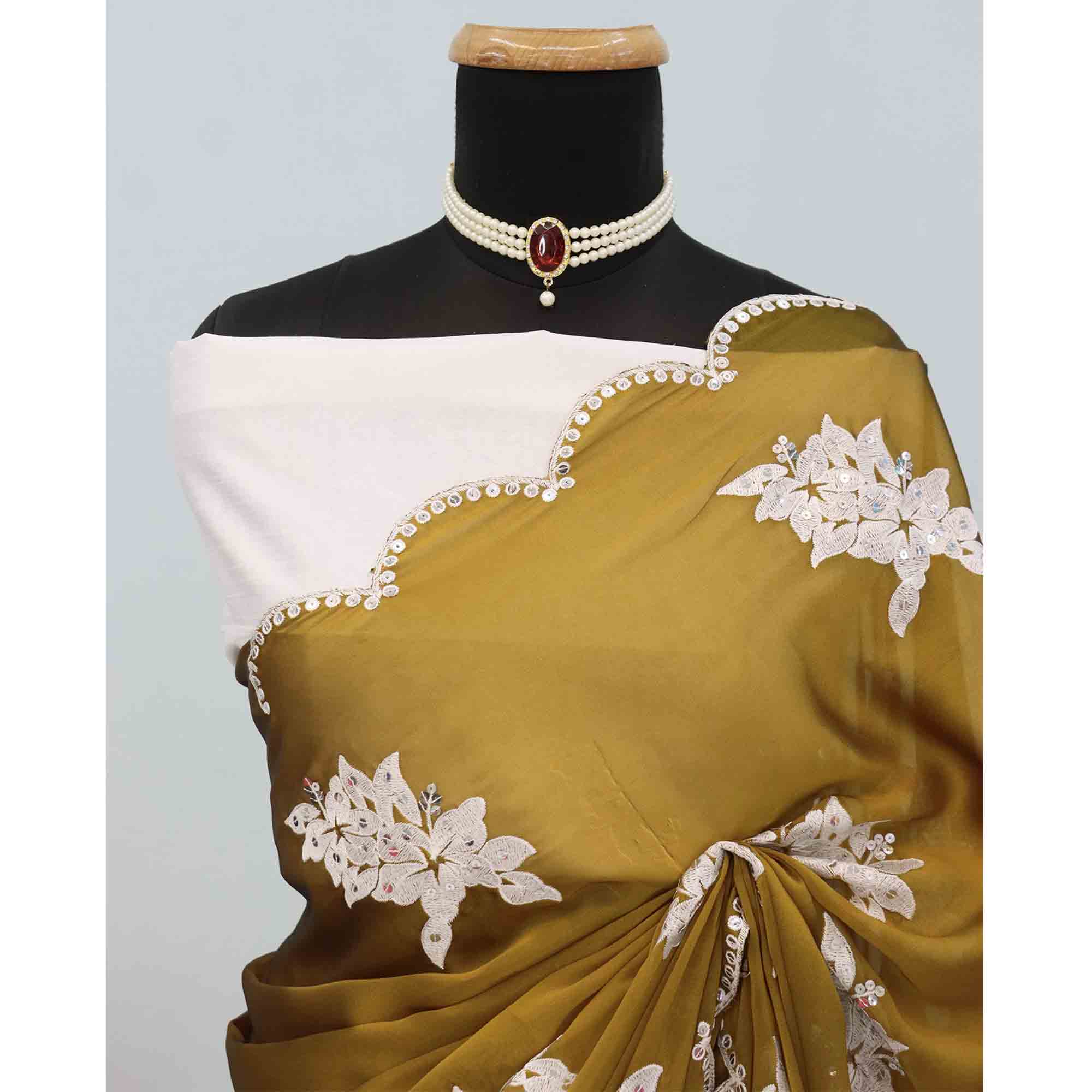 Mustard Silk Blend Saree with Embroidered Floral Design in Sequins & Thread