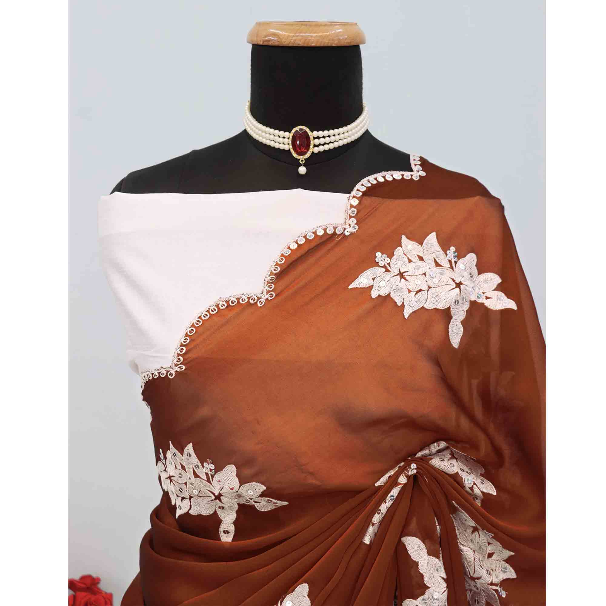 Rust Silk Blend Saree with Embroidered Floral Design in Sequins & Thread