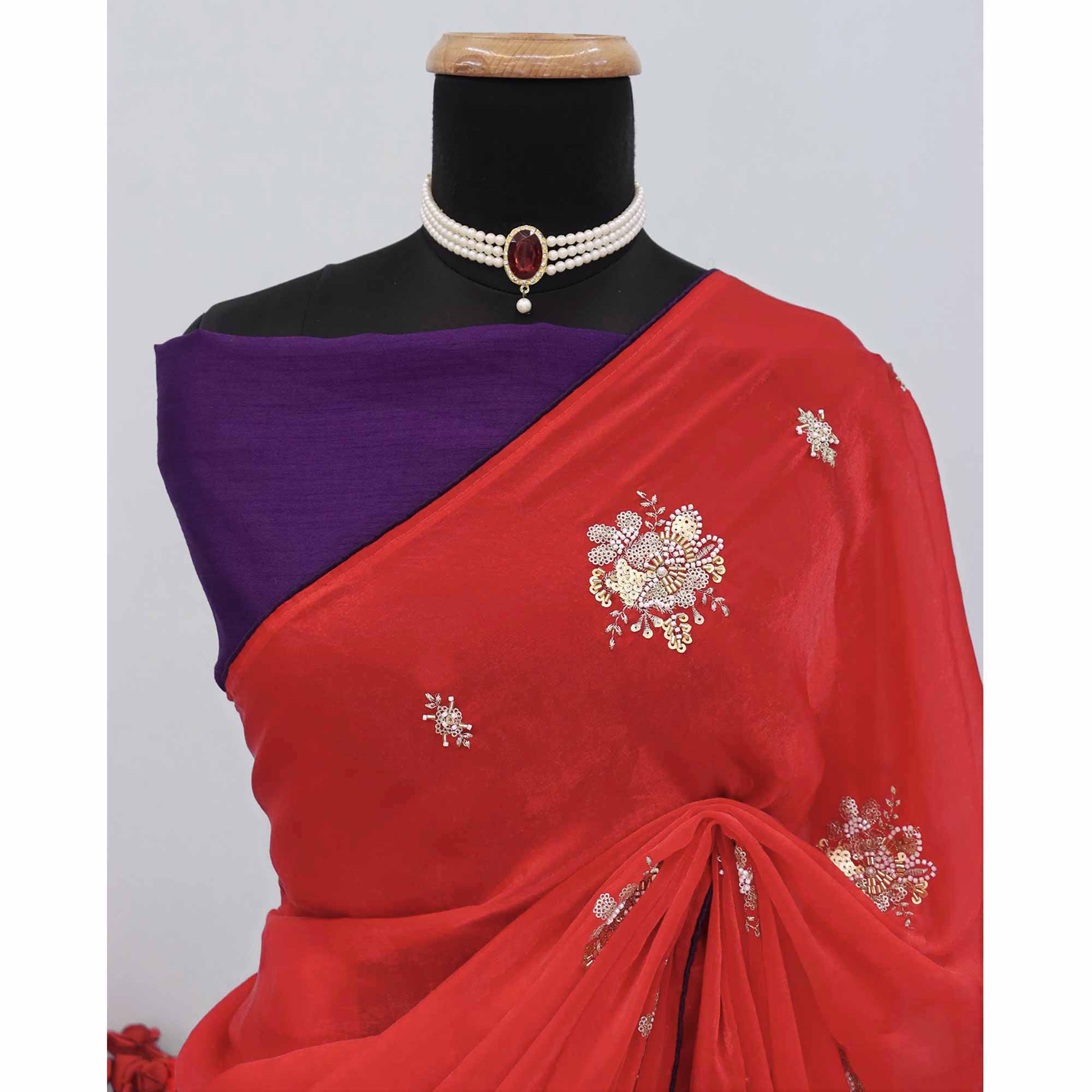 Party Wear Red Satin Silk Saree with Intricate Bead and Sequin Detailing
