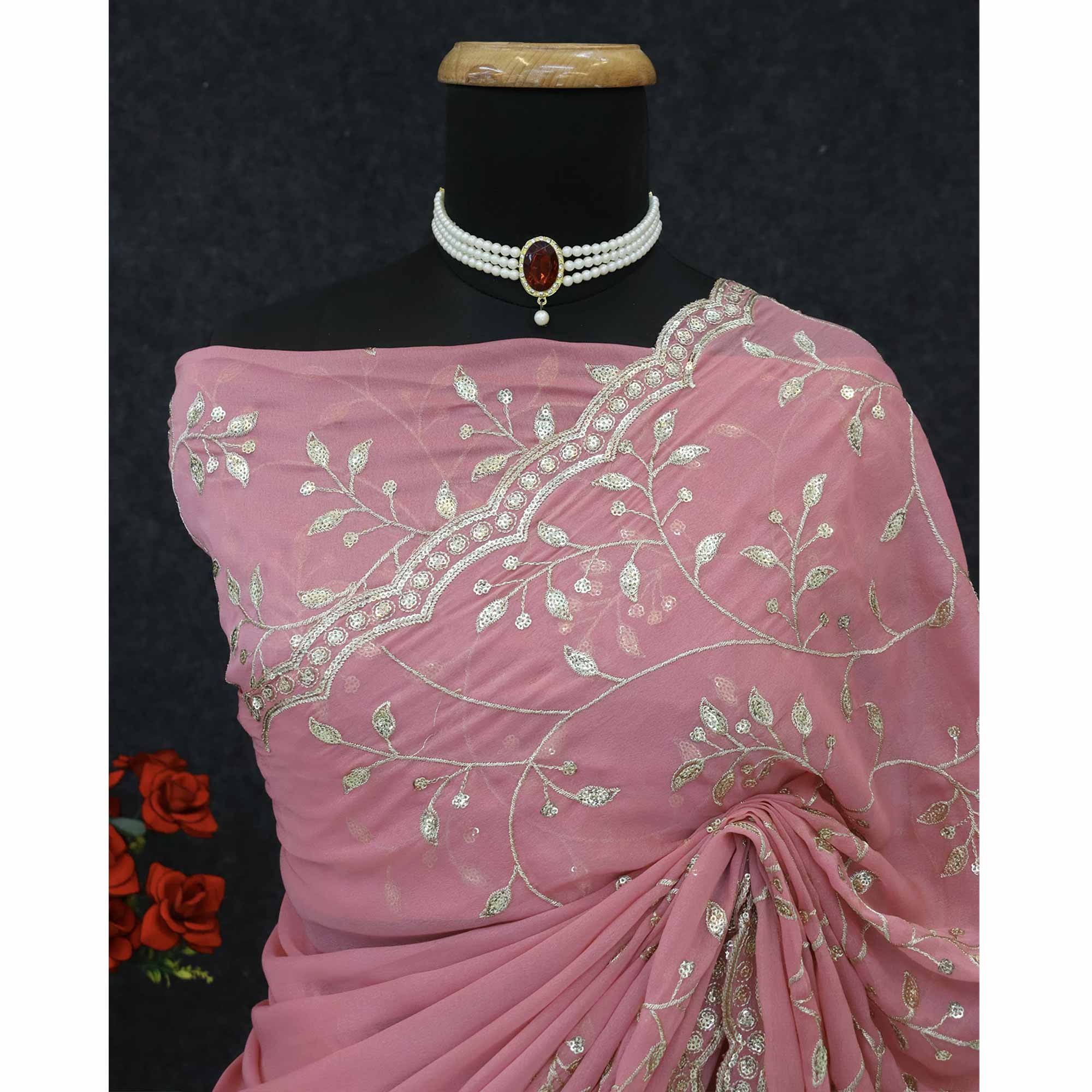 Designer Pink Georgette Saree Featuring Intricate Sequins & Embroidery Work