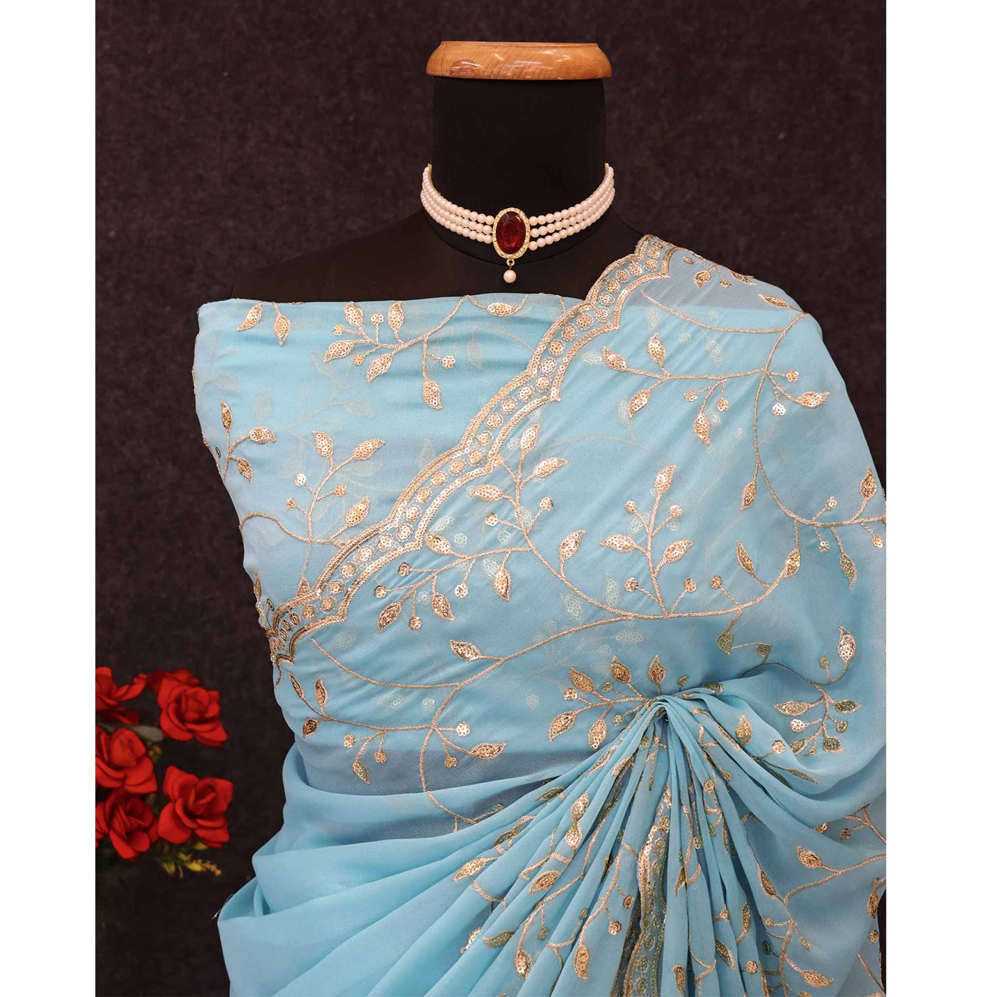 Designer Turquoise Georgette Saree Featuring Intricate Sequins & Embroidery Work