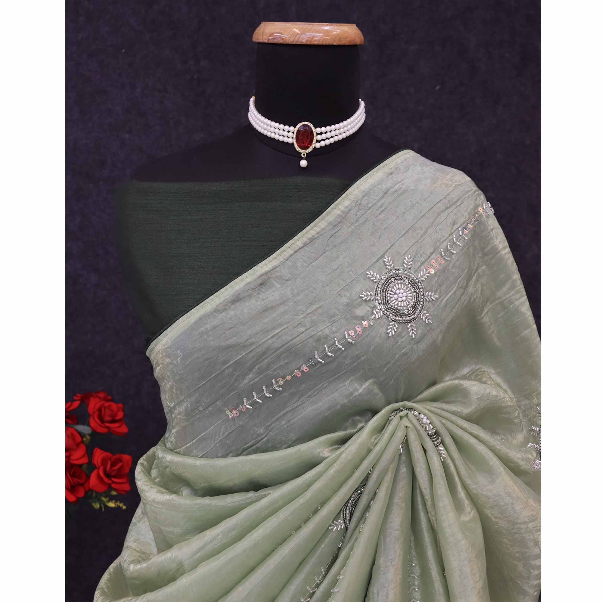 Pista Green Designer Silk Blend Saree Embellished with Stones & Beads