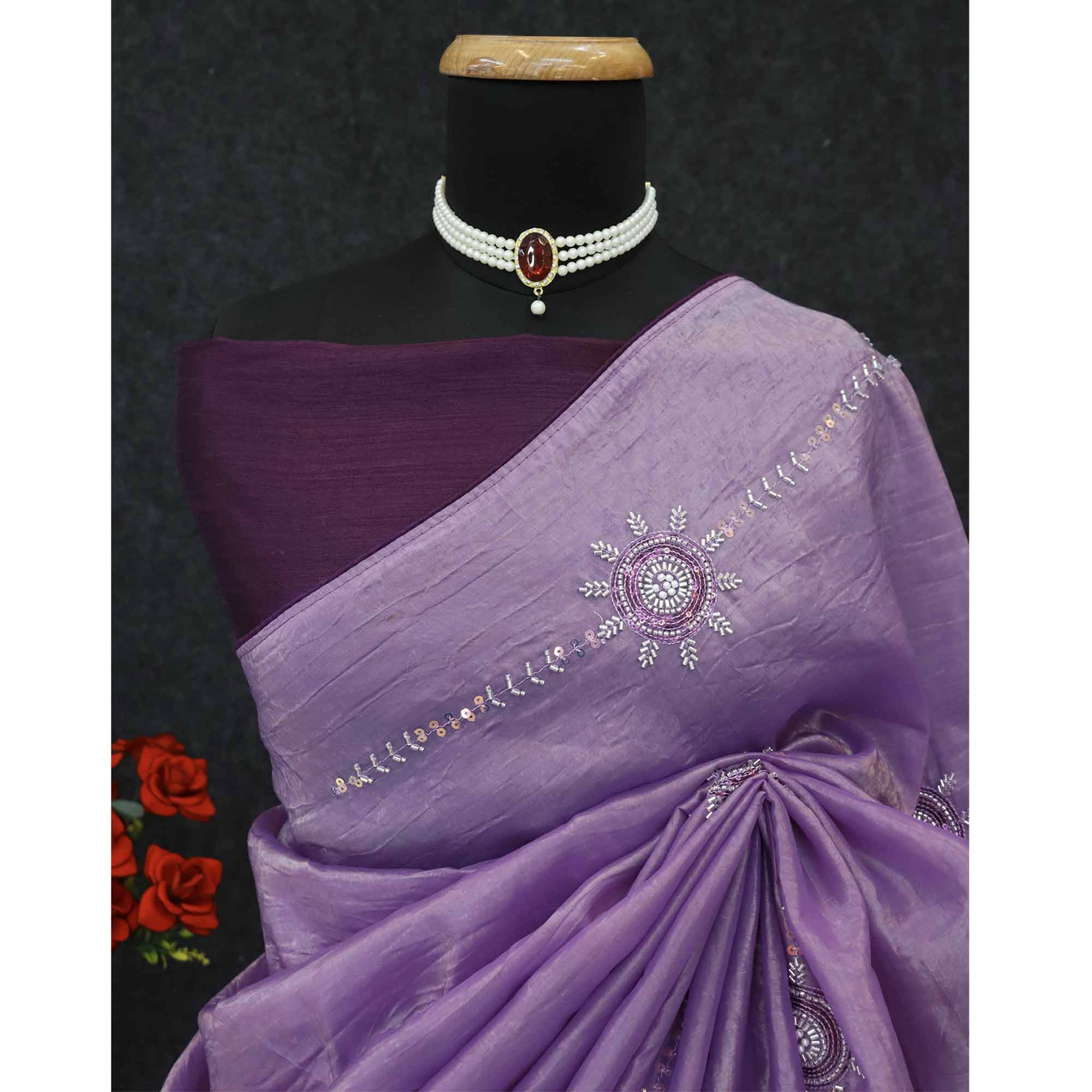 Purple Designer Silk Blend Saree Embellished with Stones & Beads