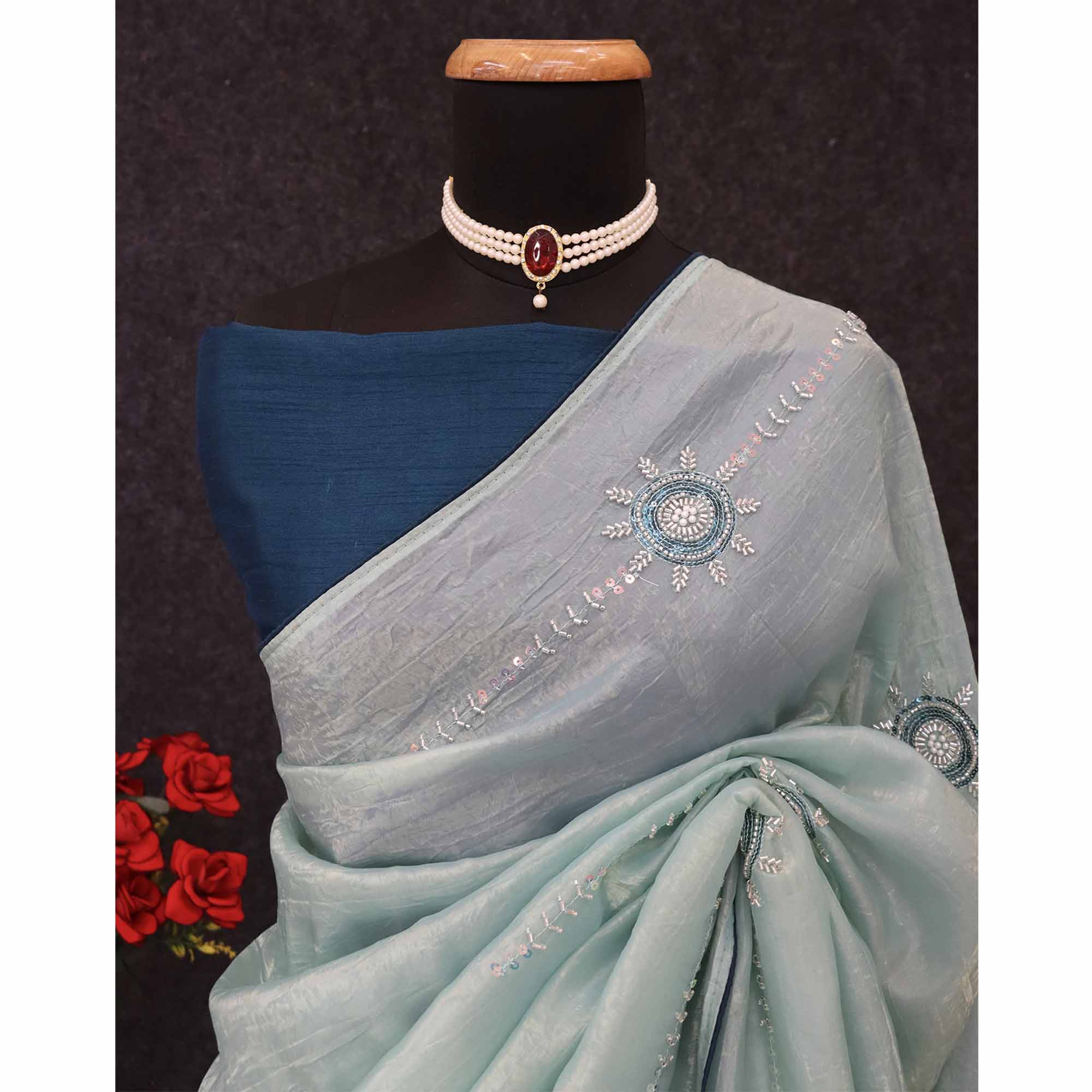 Turquoise Designer Silk Blend Saree Embellished with Stones & Beads