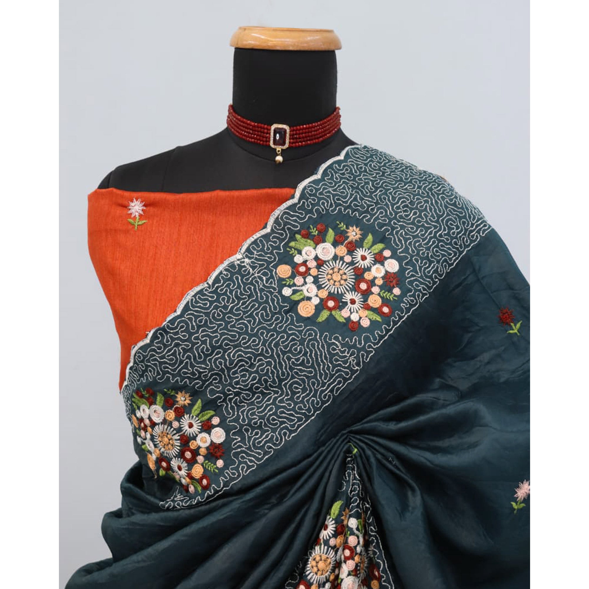 Deep Teal Cotton Silk Saree with Beautiful Floral Embroidery for Parties & Celebrations