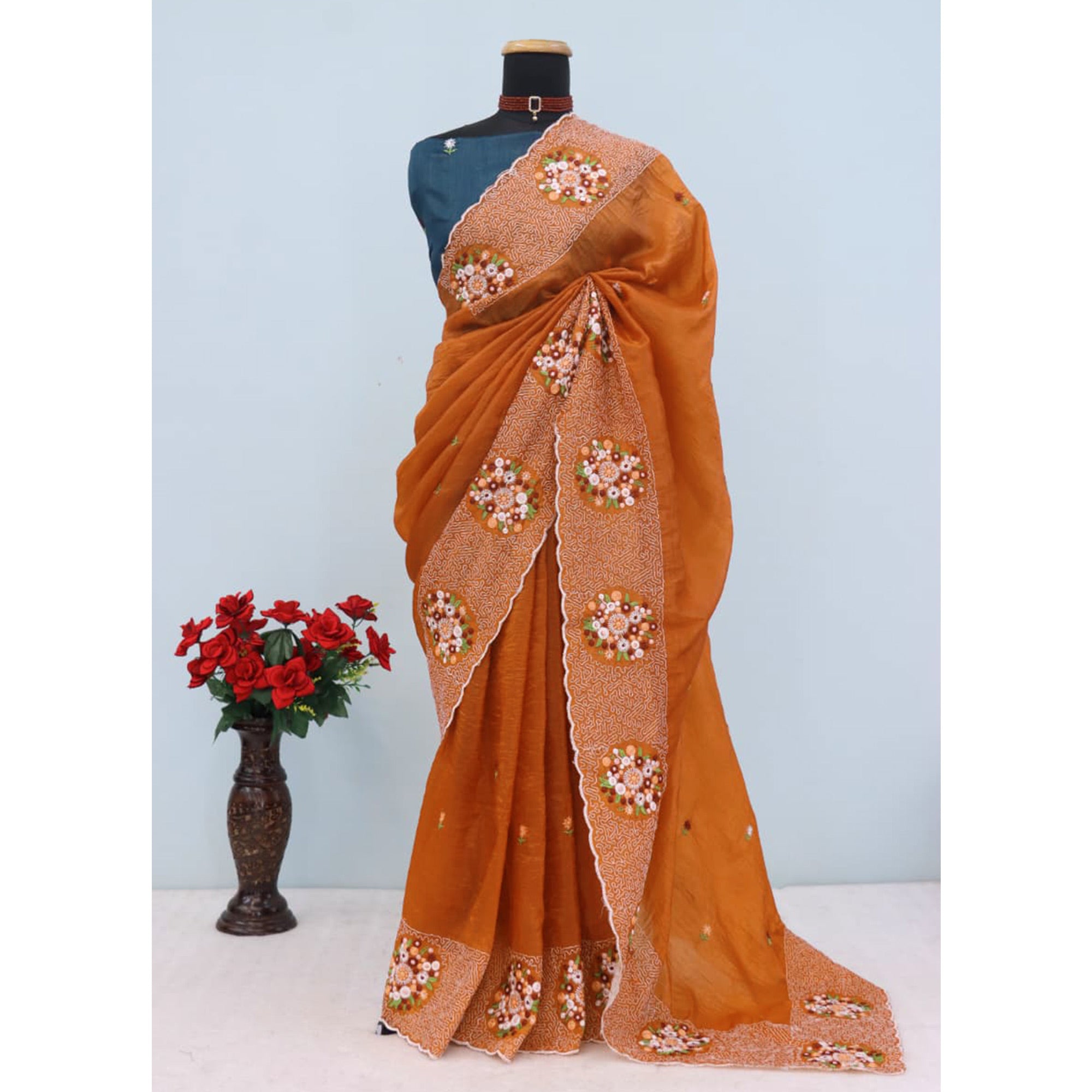 Orange Cotton Silk Saree with Beautiful Floral Embroidery for Parties & Celebrations