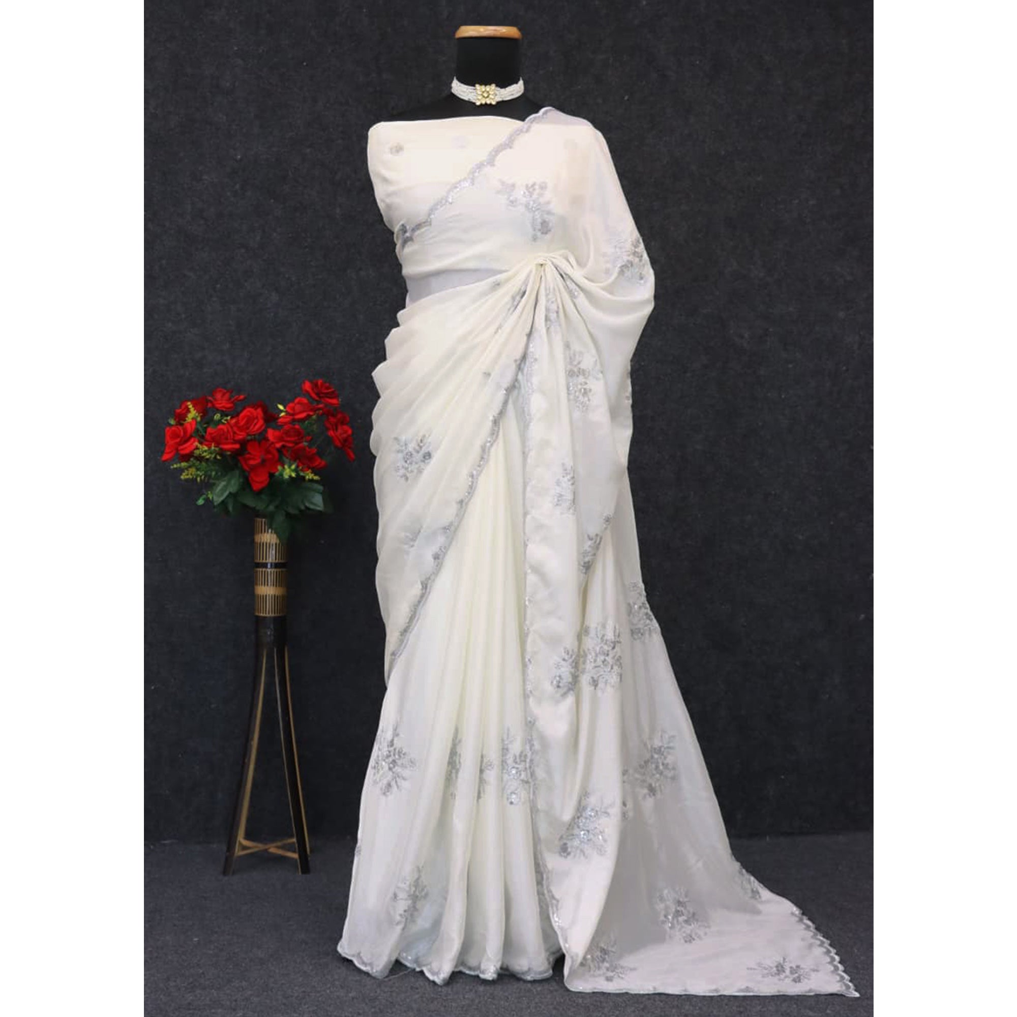 Designer Off White Pure Chinon Saree Highlighted with Elegant Sequins Embroidery