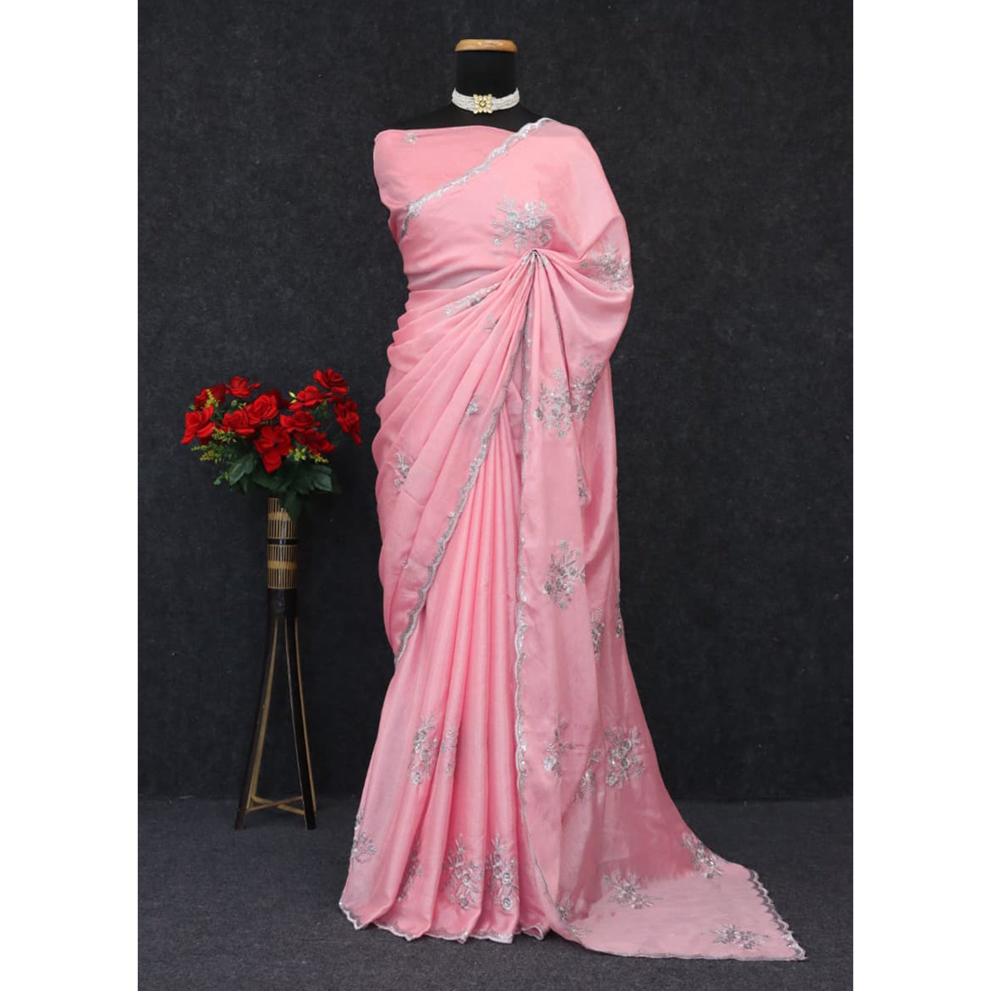 Designer Peach Pure Chinon Saree Highlighted with Elegant Sequins Embroidery