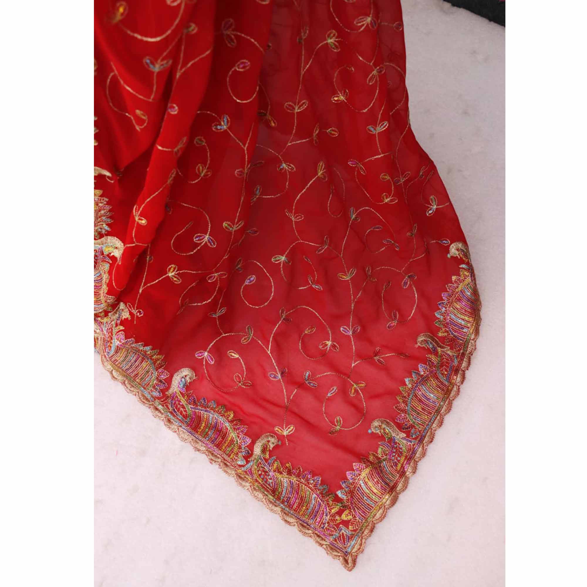 Elegant Red Floral Sequin & Thread Embroidered Georgette Saree With Exquisite Peacock Design Border