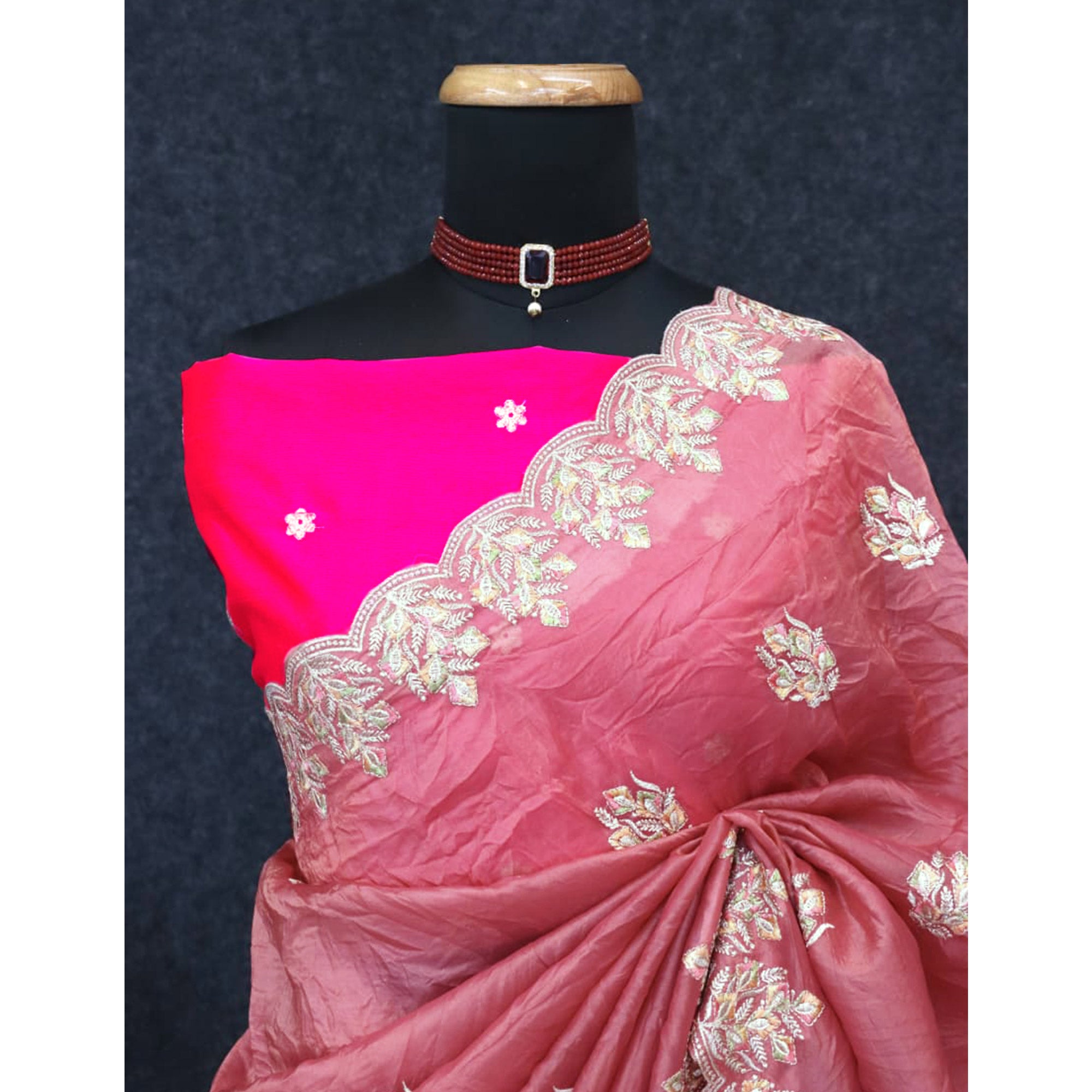 Classic Dusty Pink Silk Blend Crush Saree Beautifully Embellished With Floral Thread Embroidery