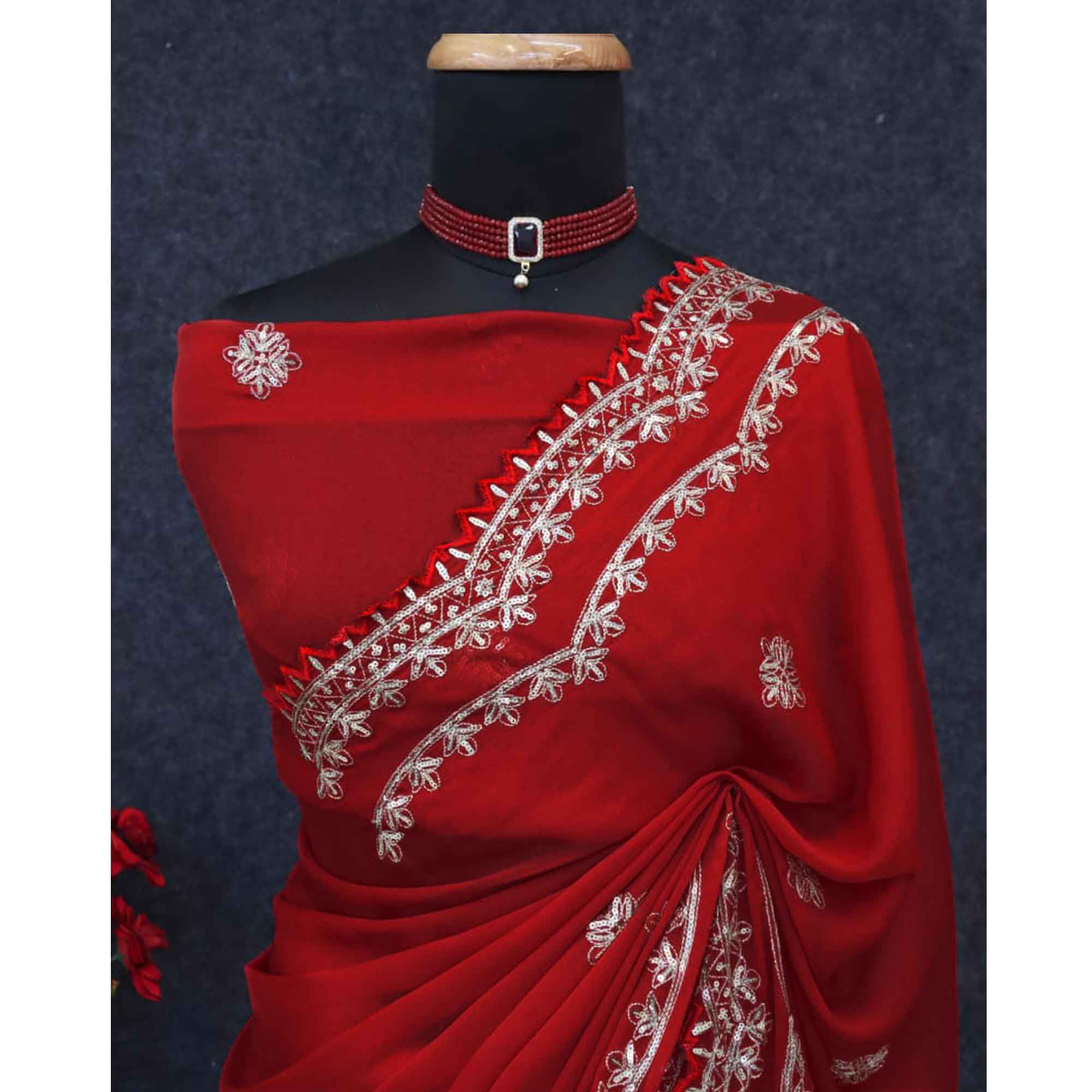 Radiant Red Thread Work Georgette Silk Saree Beautifully Enhanced With Sequins Embellishment