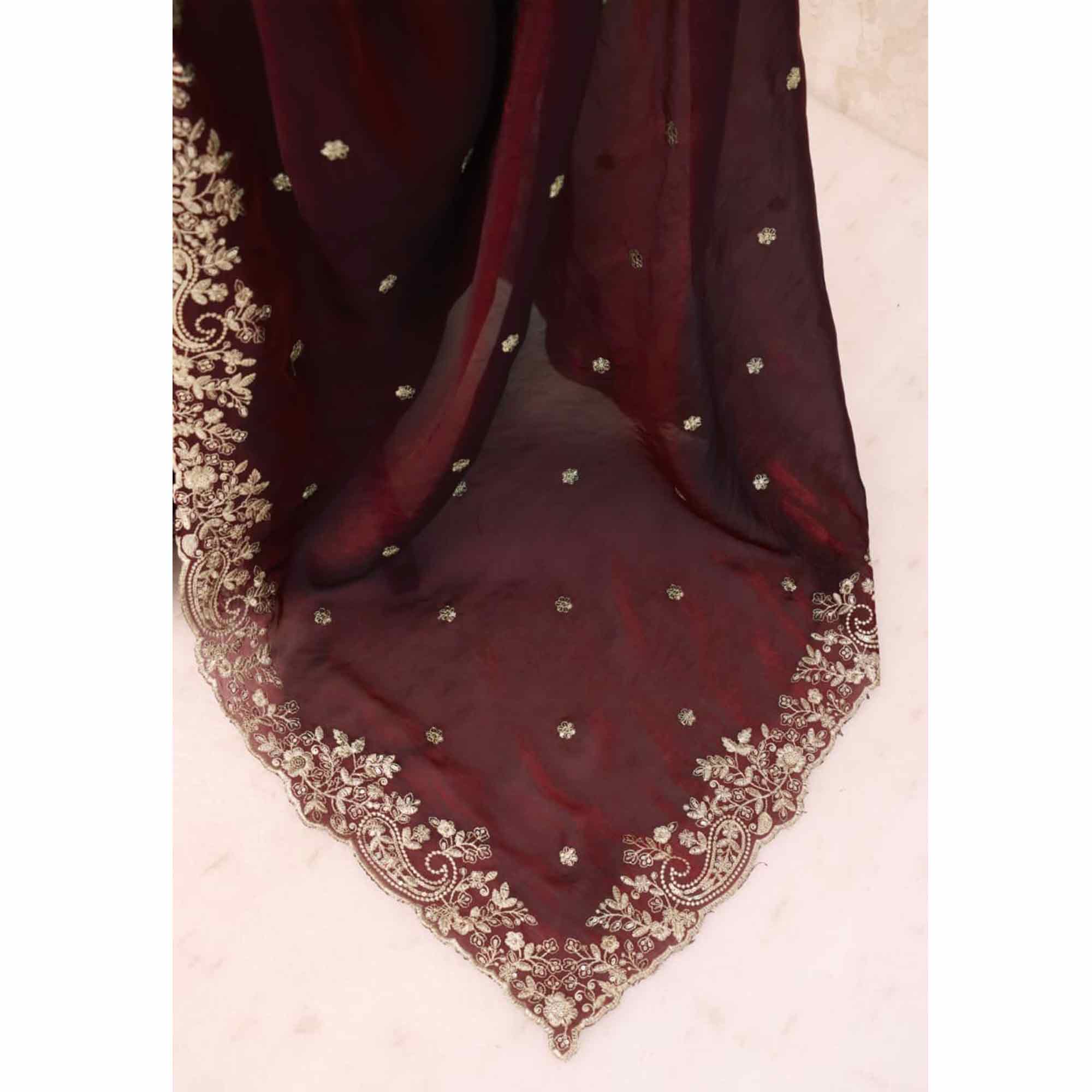 Burgundy Partywear Organza Satin Silk Crush Saree with Delicate Floral Embroidery