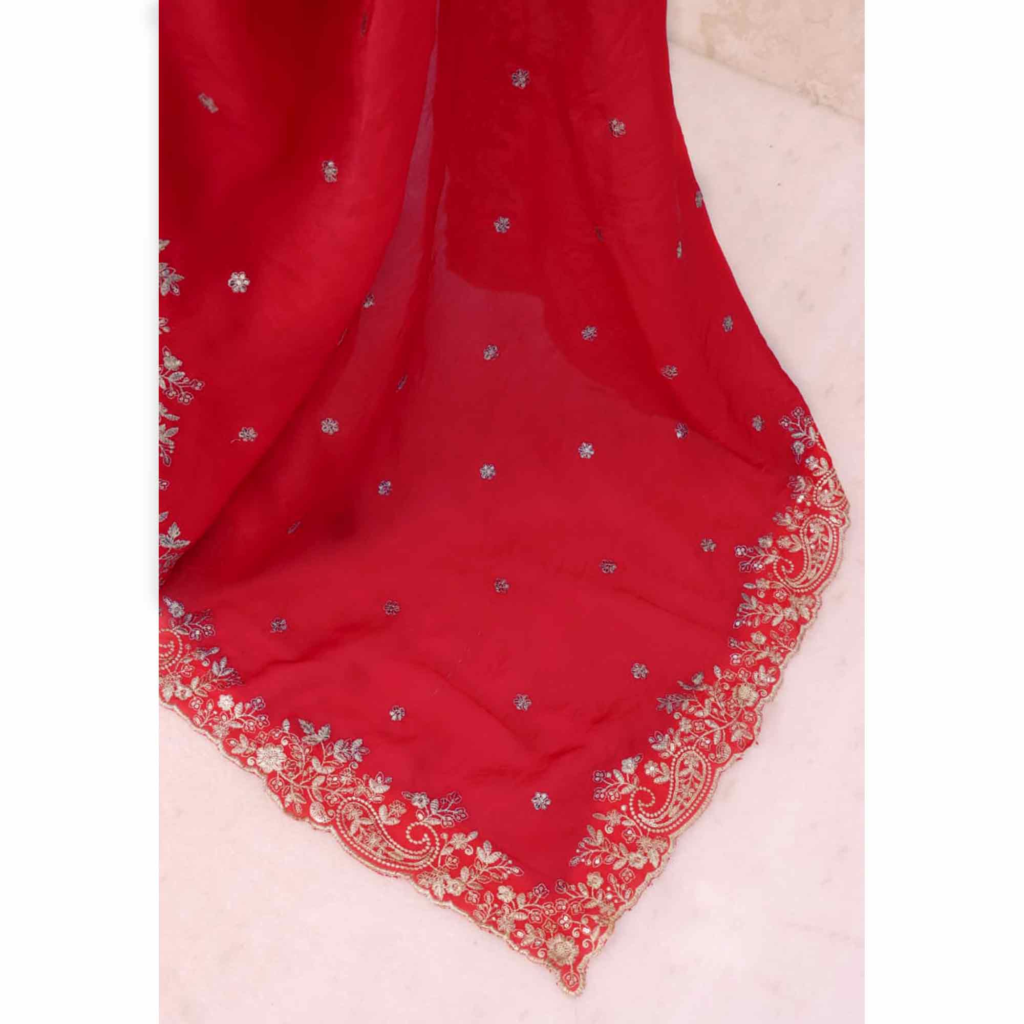 Red Partywear Organza Satin Silk Crush Saree with Delicate Floral Embroidery