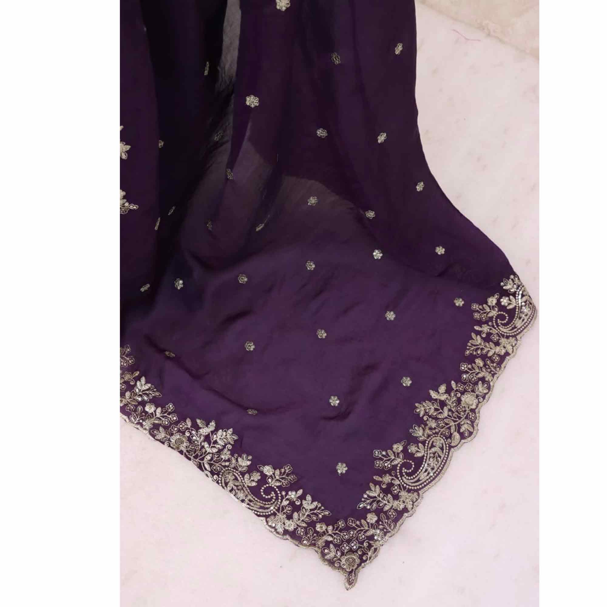 Violet Partywear Organza Satin Silk Crush Saree with Delicate Floral Embroidery