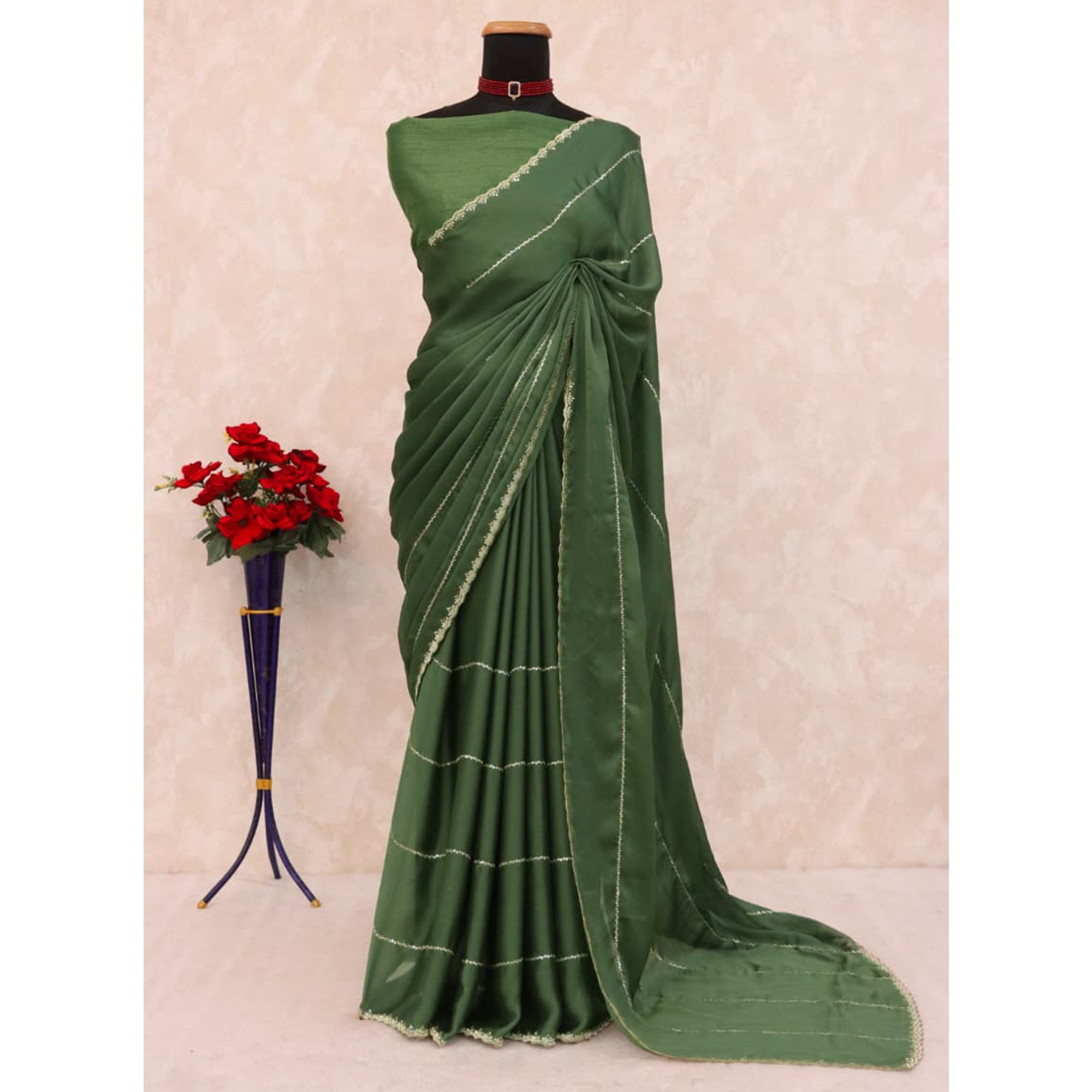 Green Soft Satin Chiffon Saree Adorned with Intricate Sequins Detailing