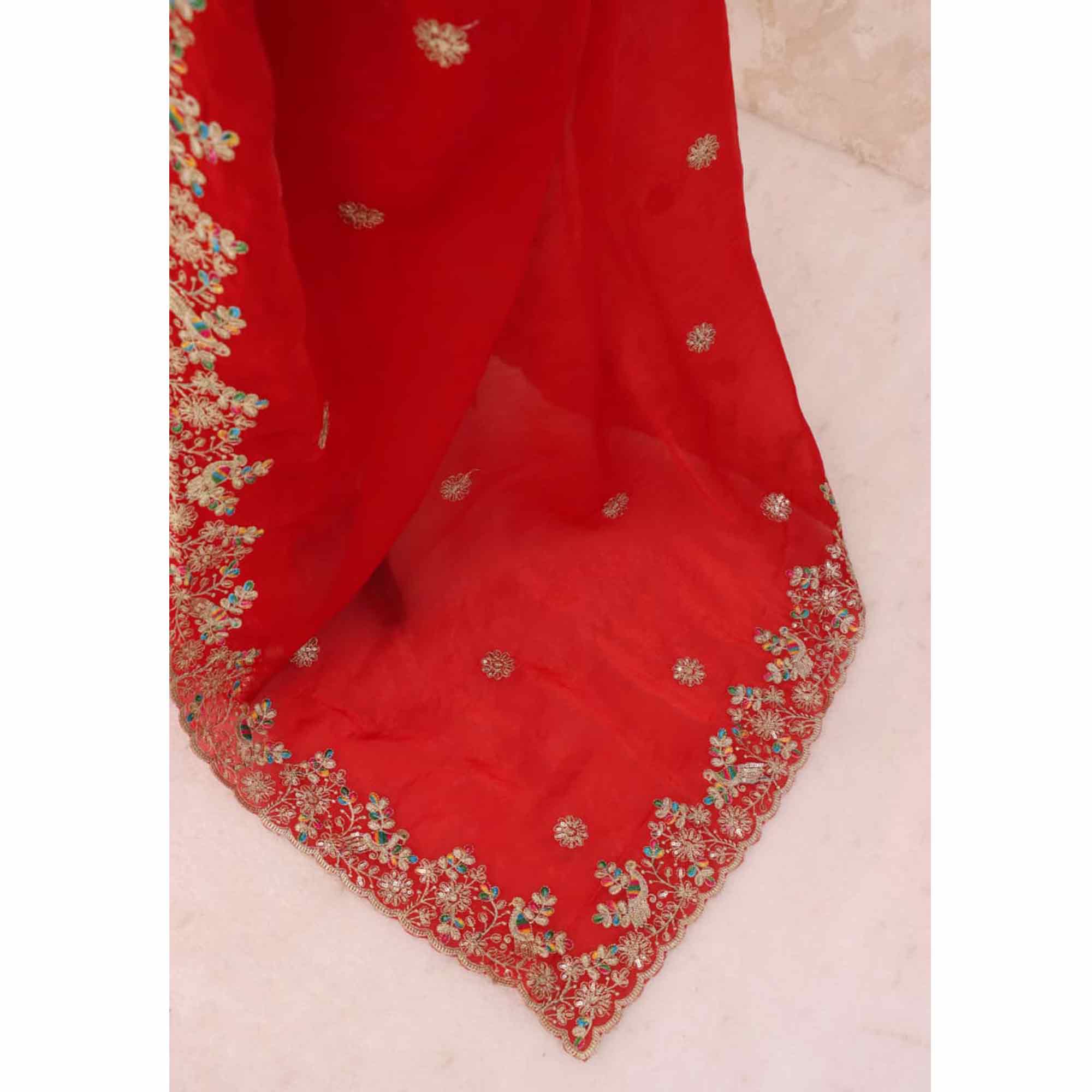 Red Floral Embroidered Lightweight Organza Satin Silk Saree for Party and Festive Wear