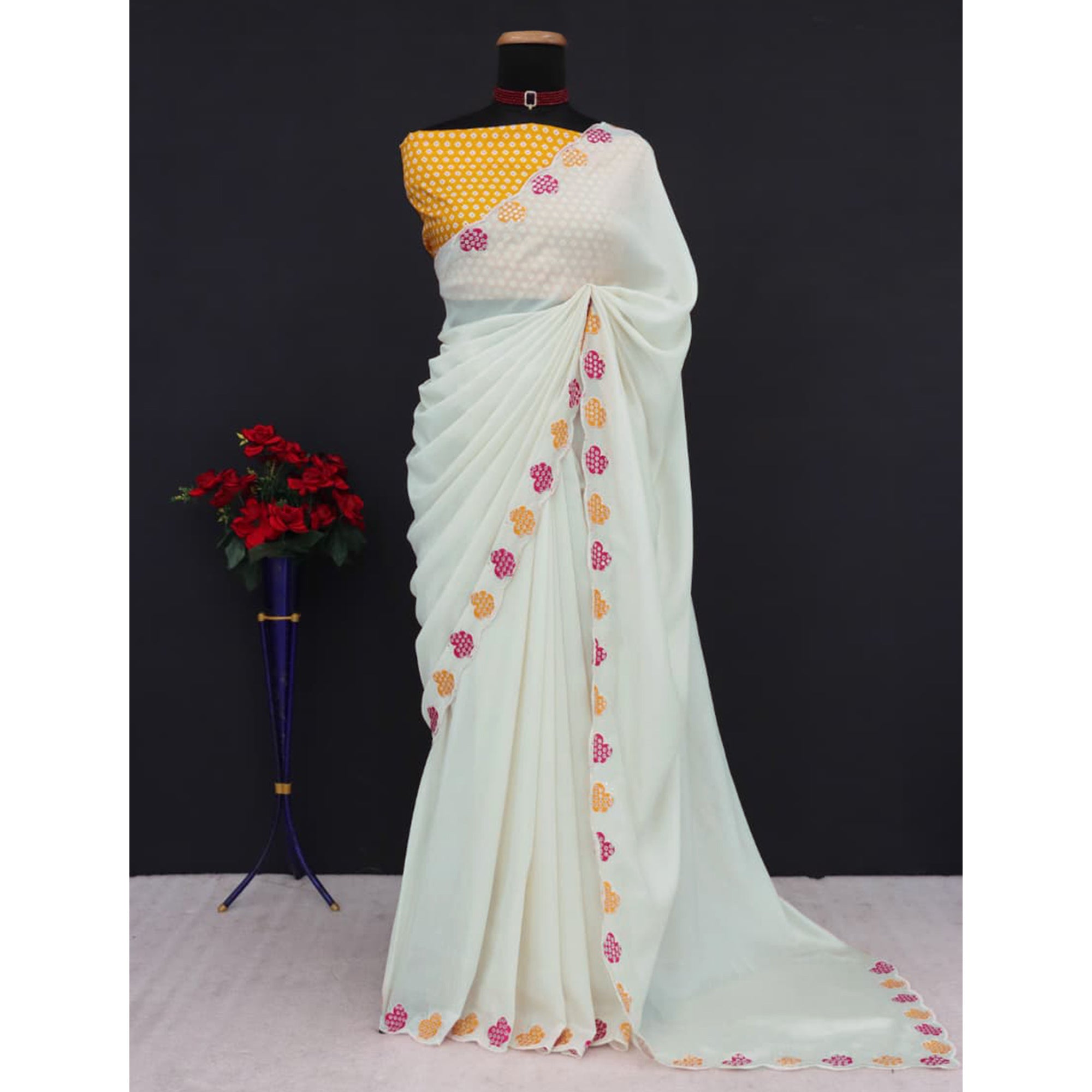 Off White Premium Vichitra Silk Saree Adorned with Intricate Embroidery Work