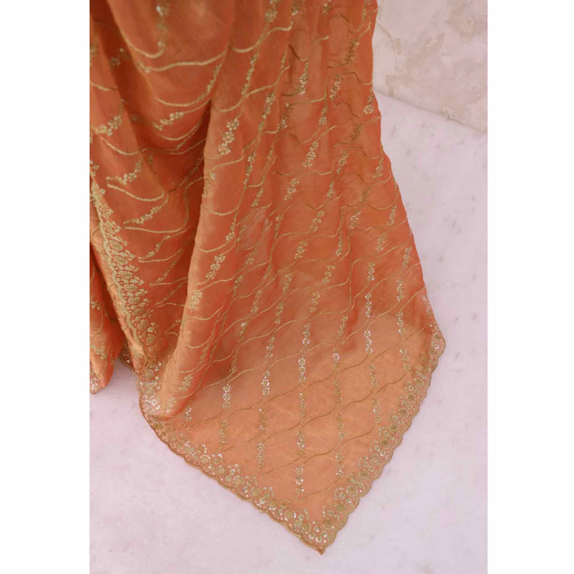 Orange Partywear Organza Chiffon Silk Saree Highlighted with Fine Sequins Detailing