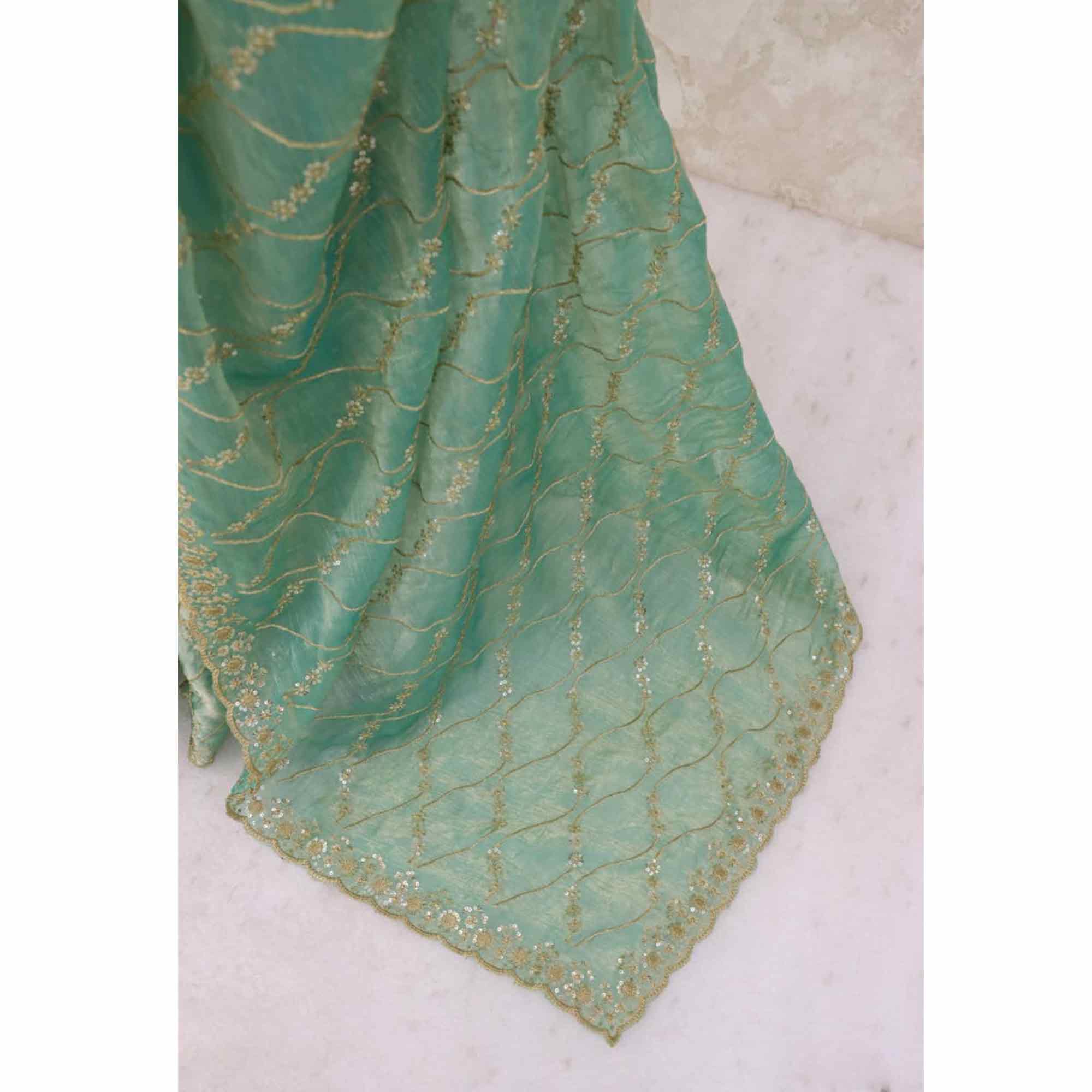 Sea Green Partywear Organza Chiffon Silk Saree Highlighted with Fine Sequins Detailing
