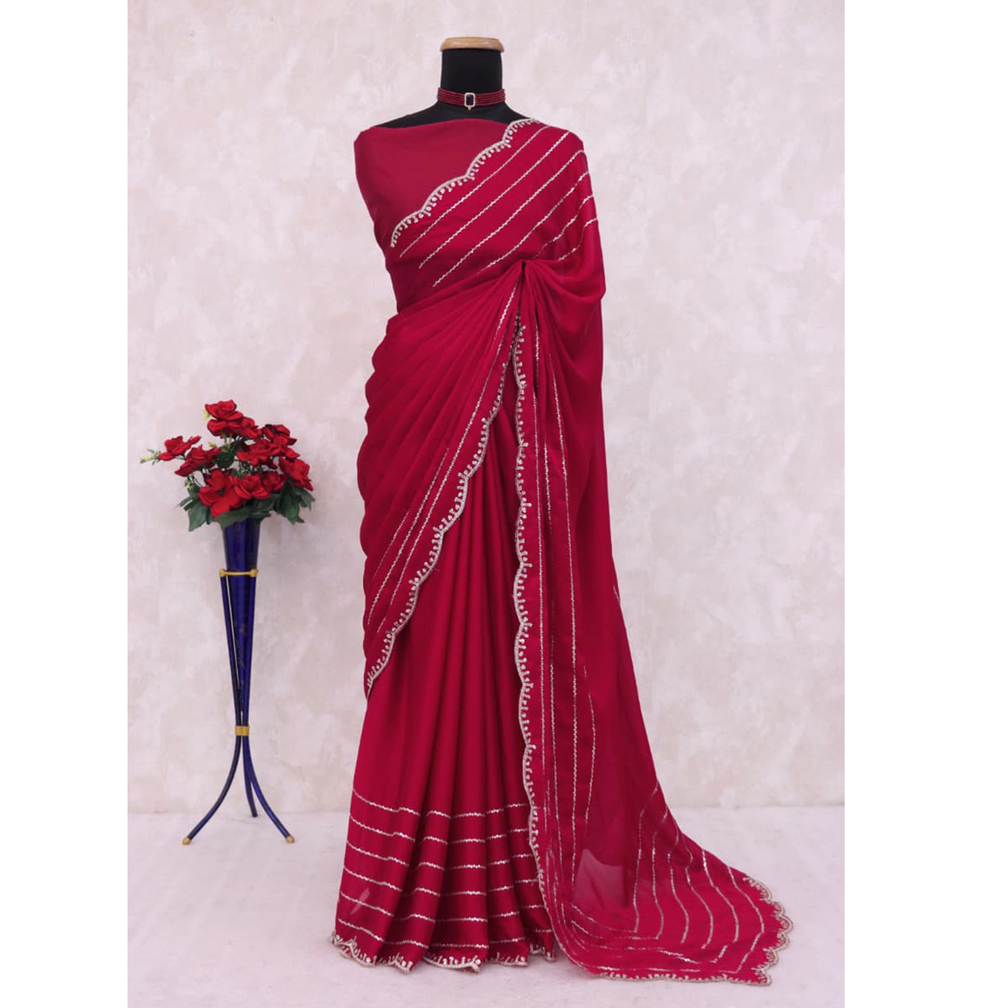 Pink Soft Satin Chiffon Saree Embellished with Intricate Sequins Detailing