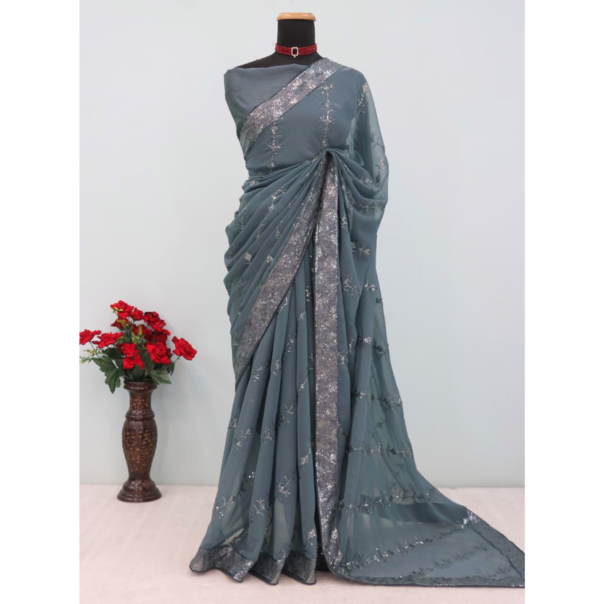 Grey Premium Vichitra Silk Saree Adorned with Shimmering Sequins Work