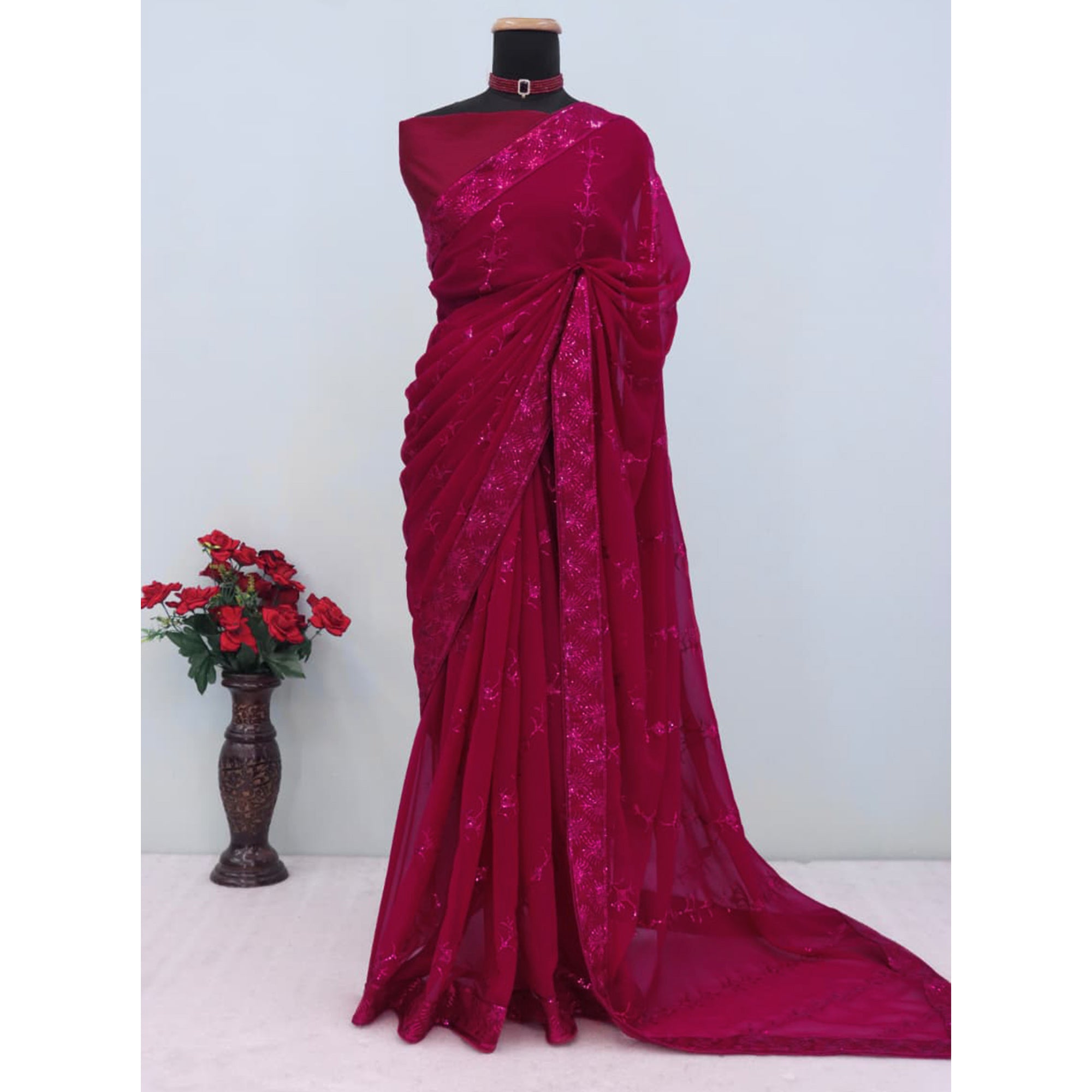Pink Premium Vichitra Silk Saree Adorned with Shimmering Sequins Work