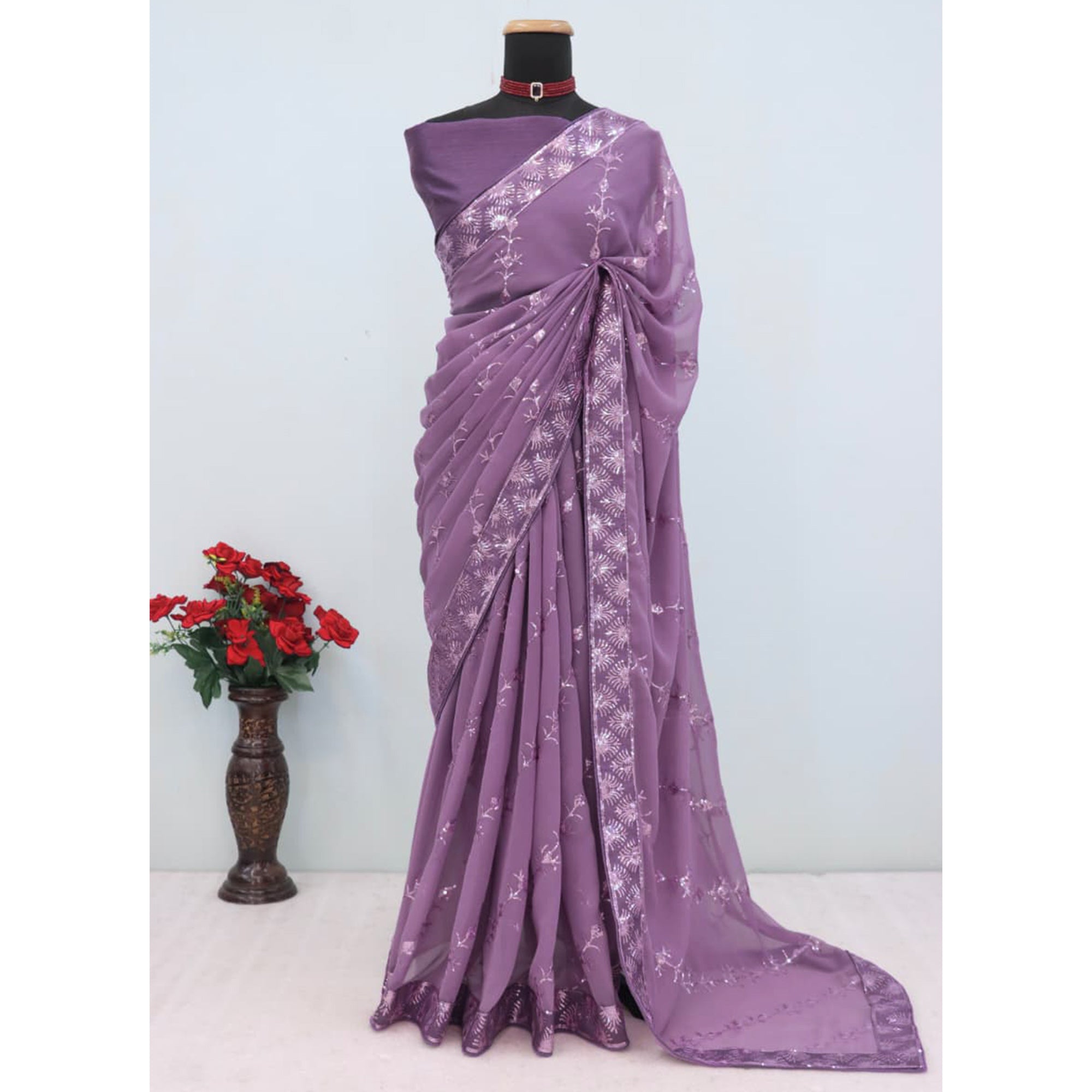 Purple Premium Vichitra Silk Saree Adorned with Shimmering Sequins Work