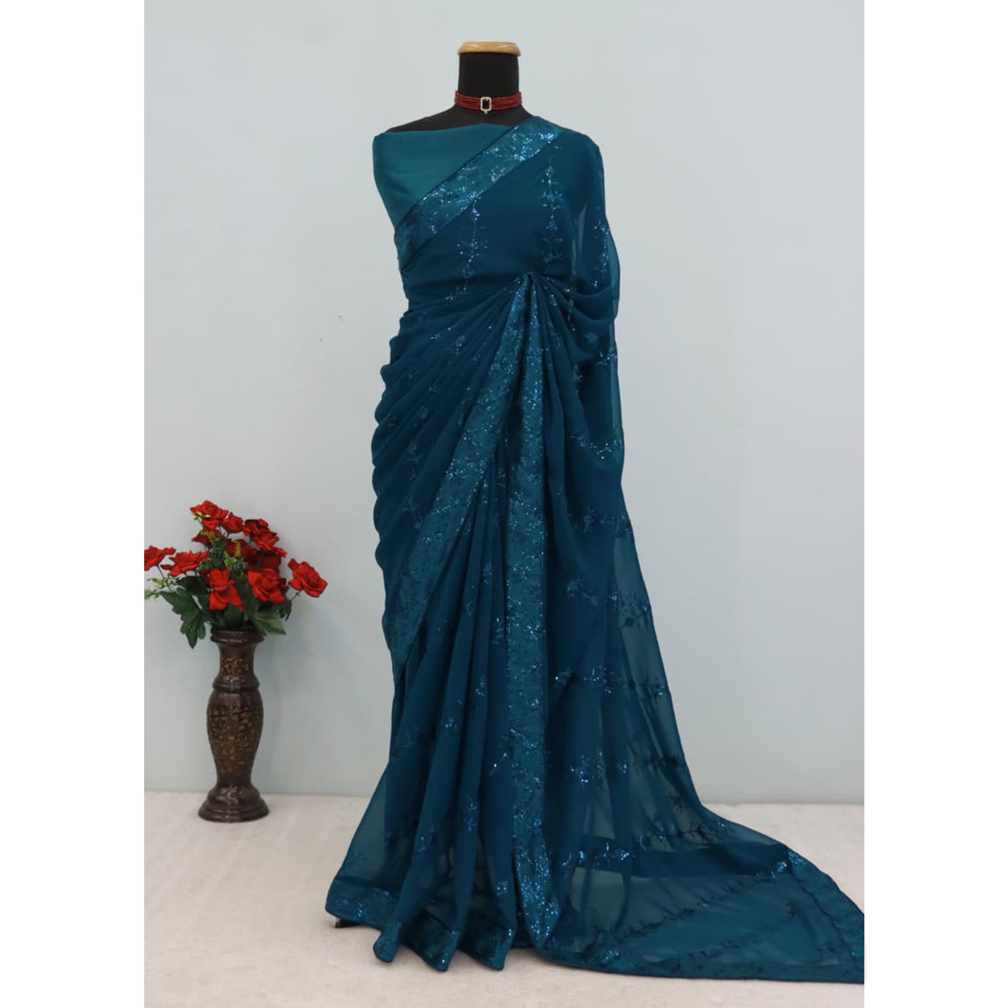 Teal Premium Vichitra Silk Saree Adorned with Shimmering Sequins Work