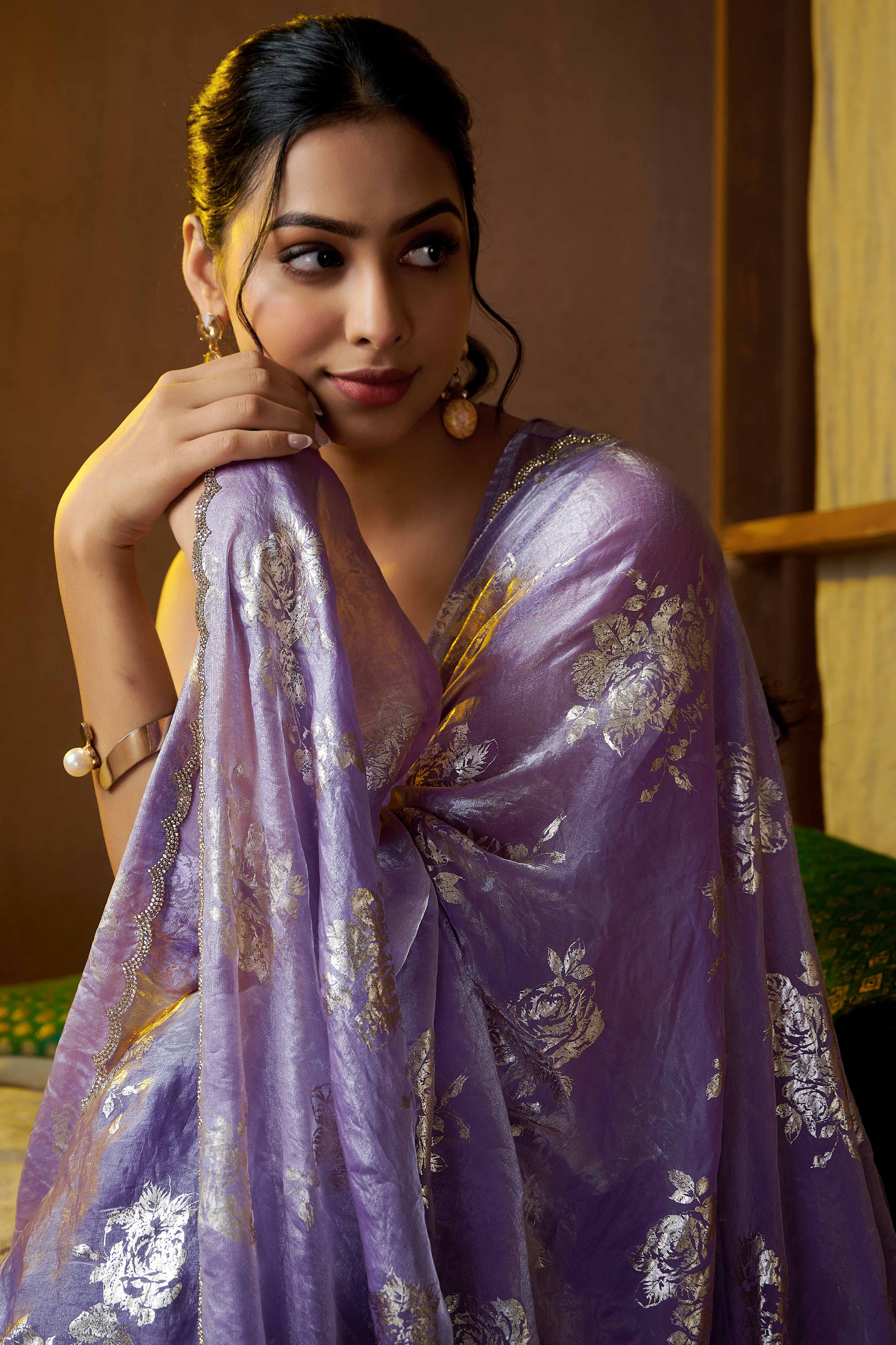 Lavender Floral Foil Printed Satin Silk Saree With Zarkan Border