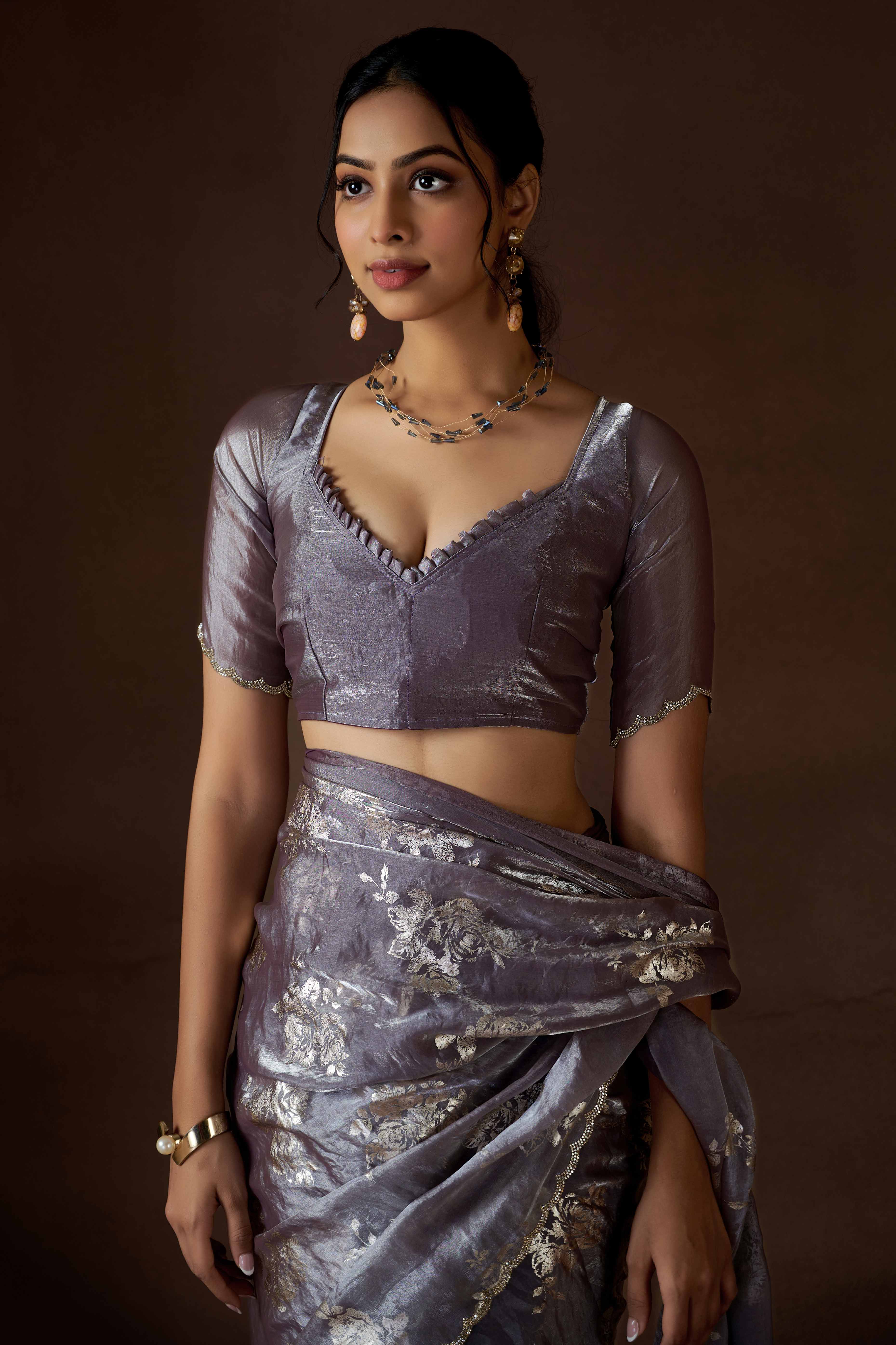 Grey Floral Foil Printed Satin Silk Saree With Zarkan Border