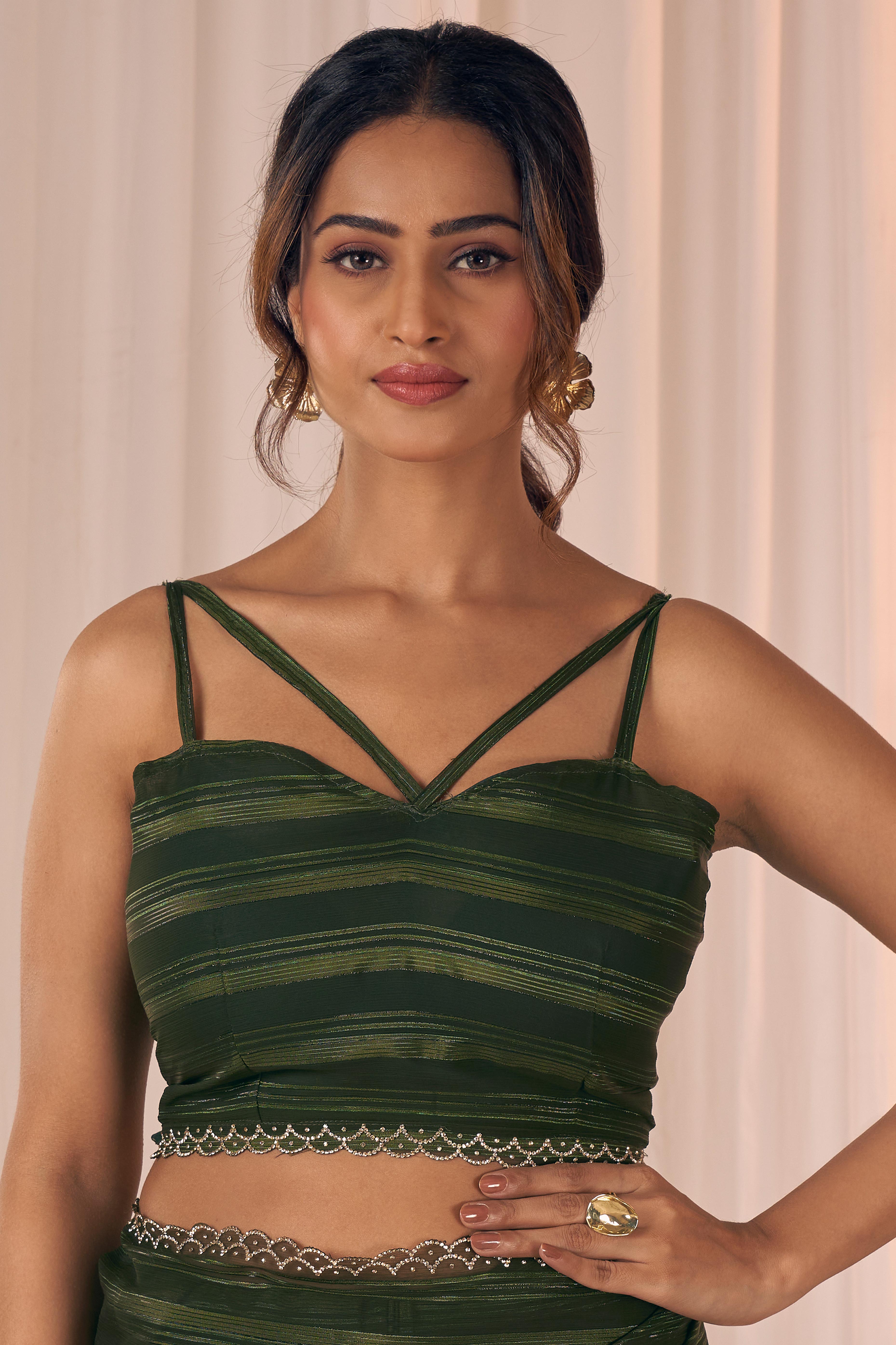 Dark Olive Striped Designer Georgette Saree Adorned With An Elegant Zarkan Cutwork Border