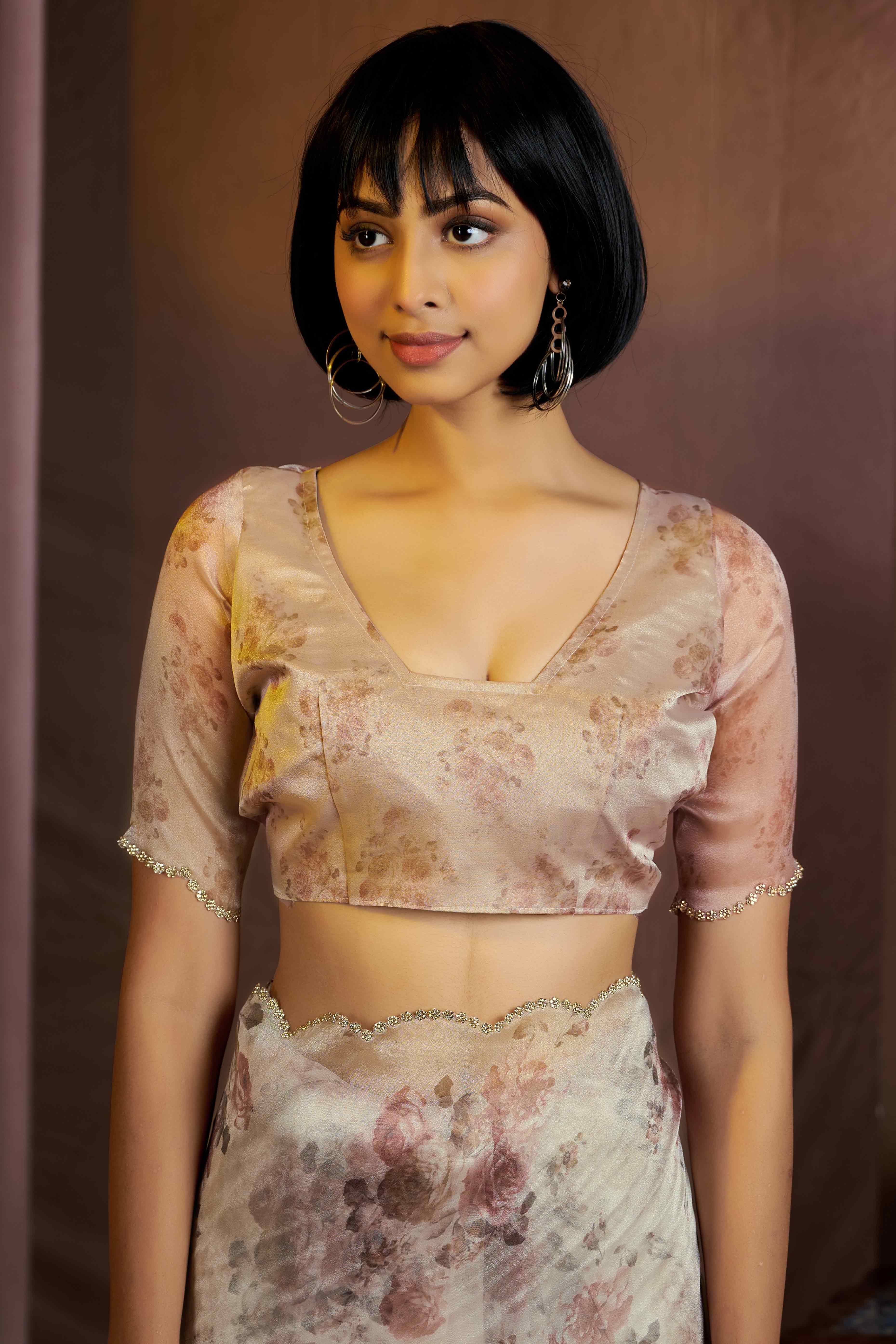 White Floral Printed Soft Organza Saree With Stone Work Border