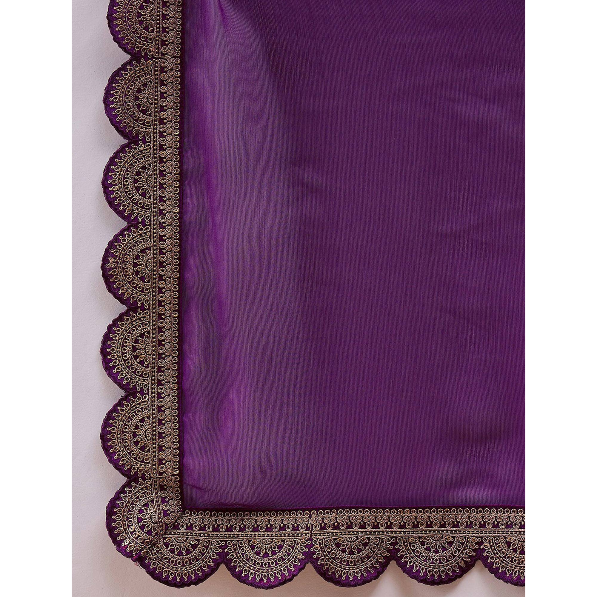 Purple Solid Chiffon Saree With Sequins Embroidered Border