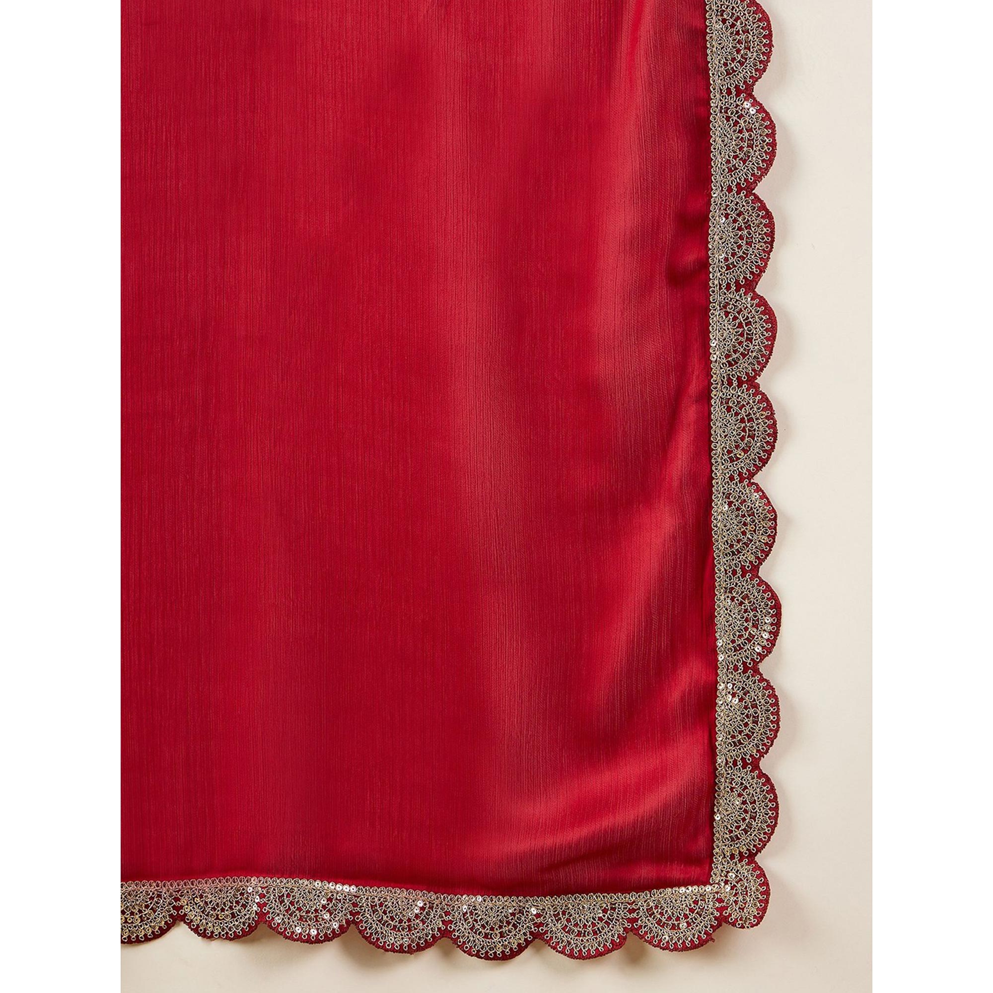 Red Solid Chiffon Saree With Sequins Embroidered Border