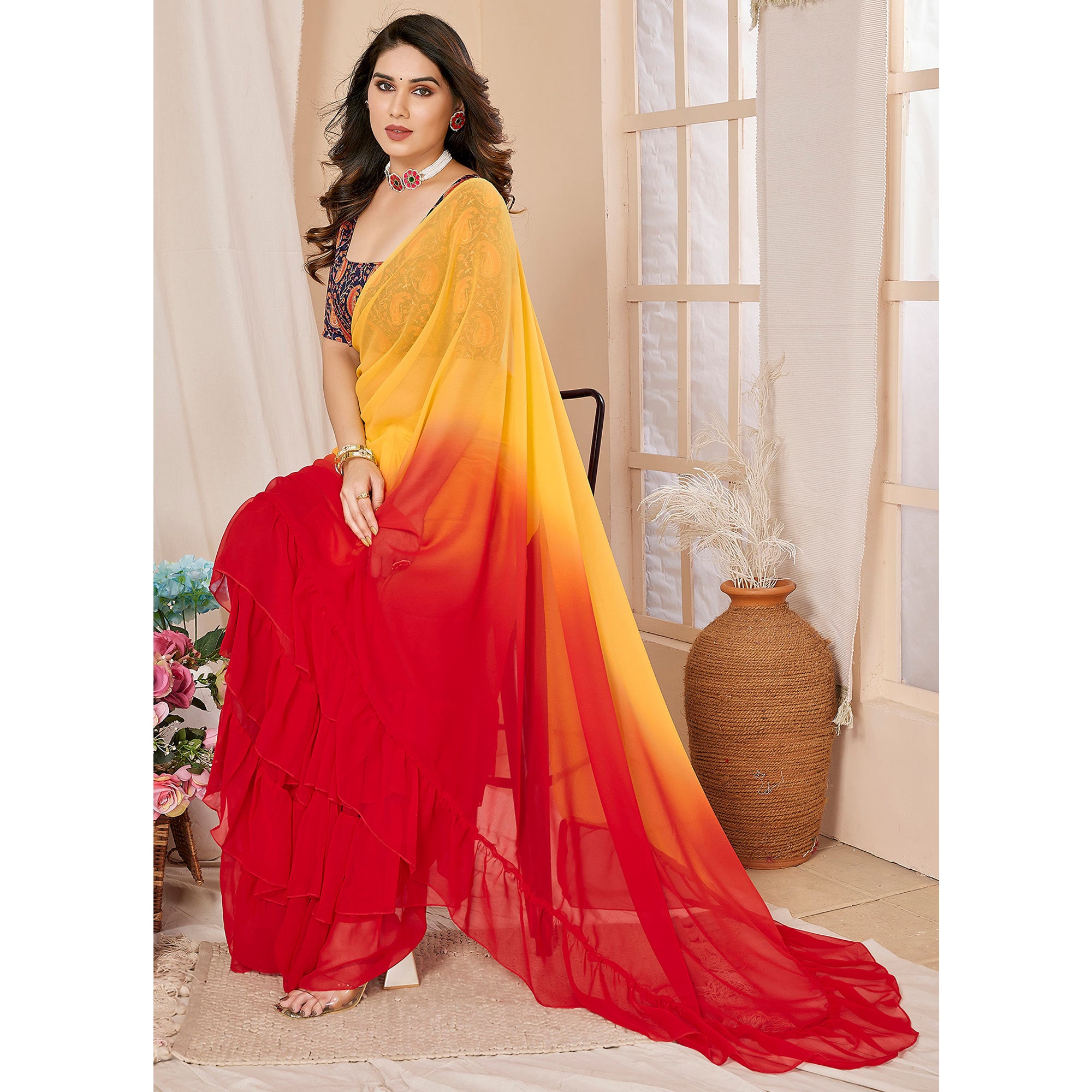 Red & Yellow Ombre Printed Georgette Ruffle Saree