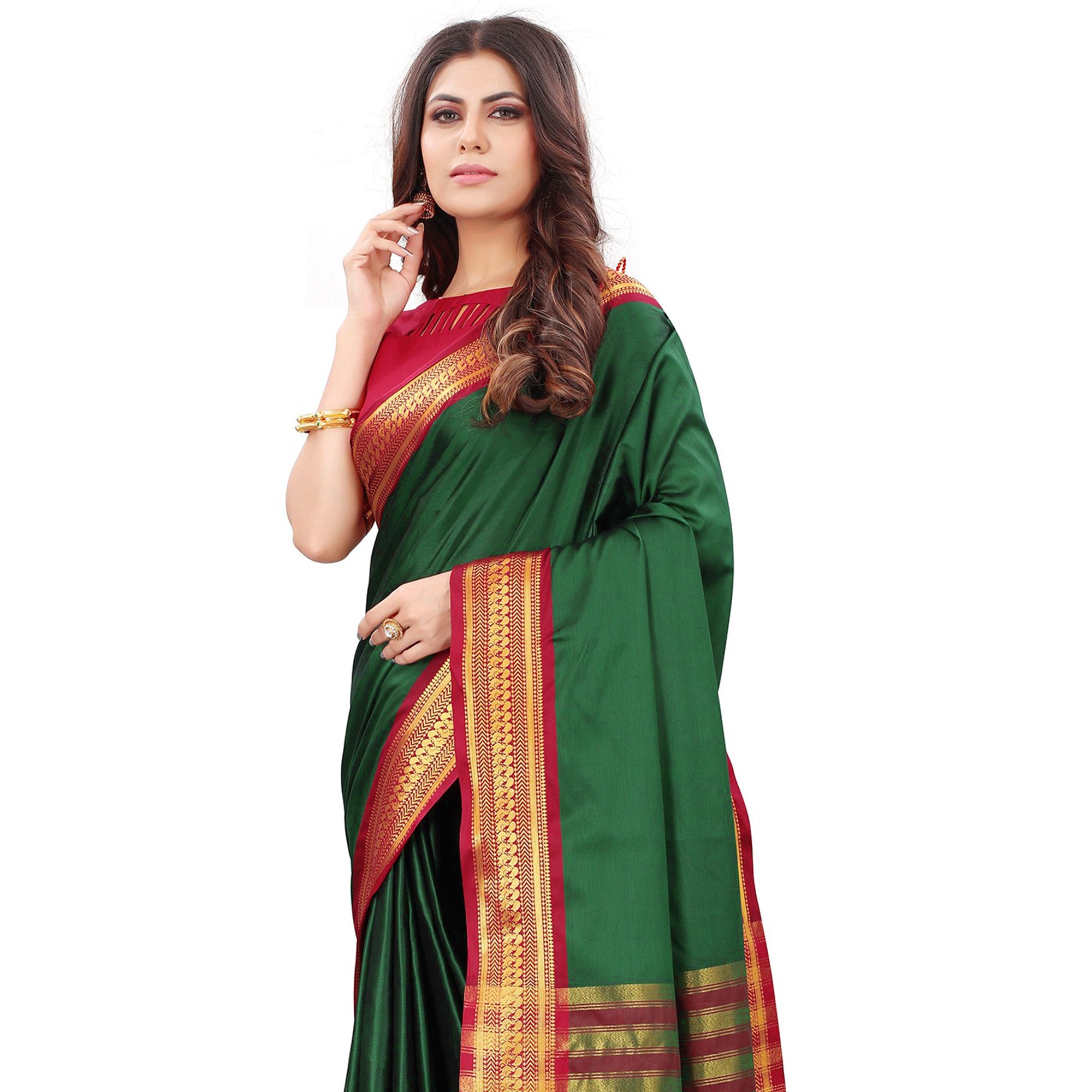 Bottle Green Solid Cotton Silk Saree With Jacquard Border