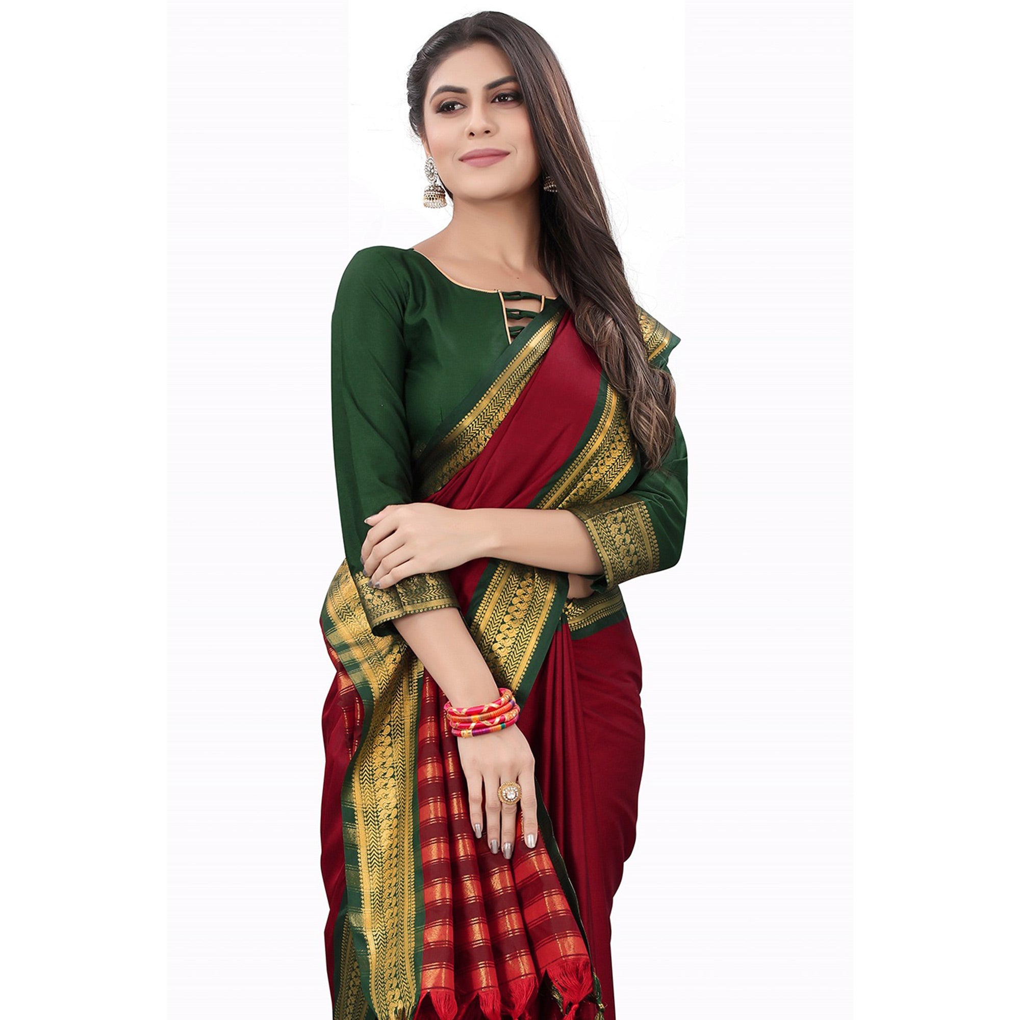 Red Solid Cotton Silk Saree With Jacquard Border