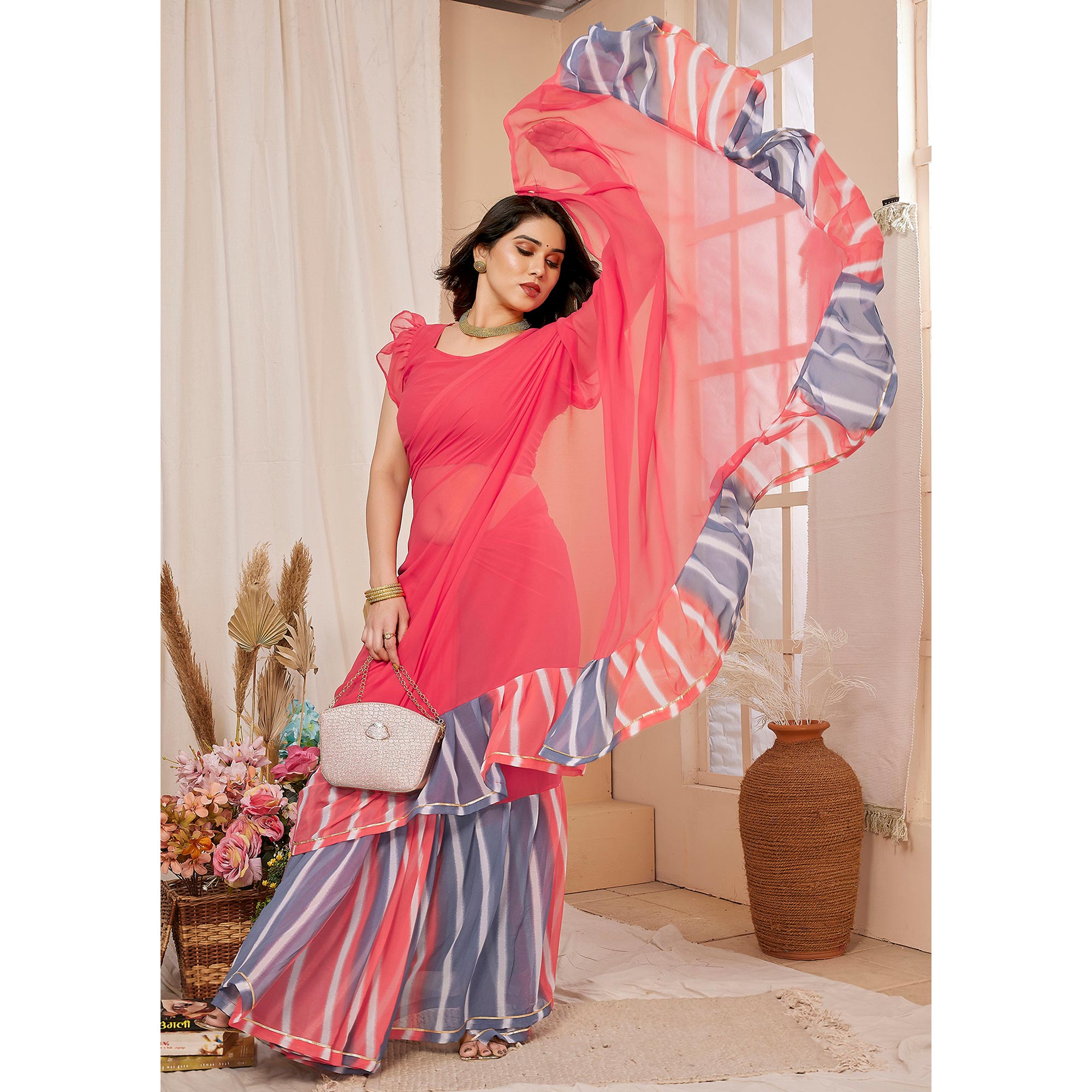 Pink Solid Georgette Saree With Printed Ruffle Border