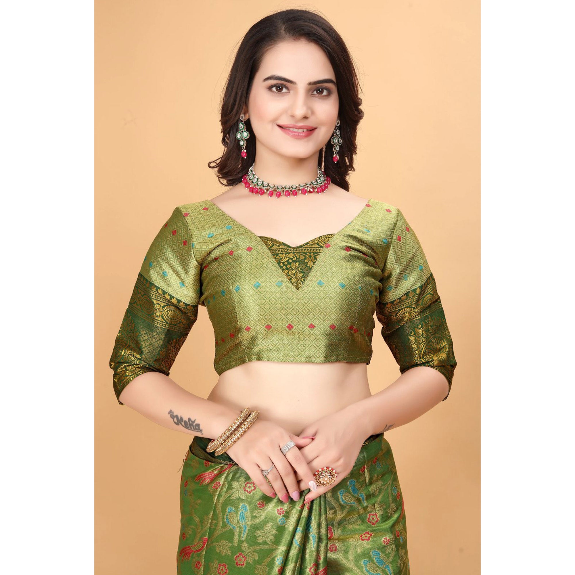 Green Floral Woven Tissue Silk Saree With Tassels