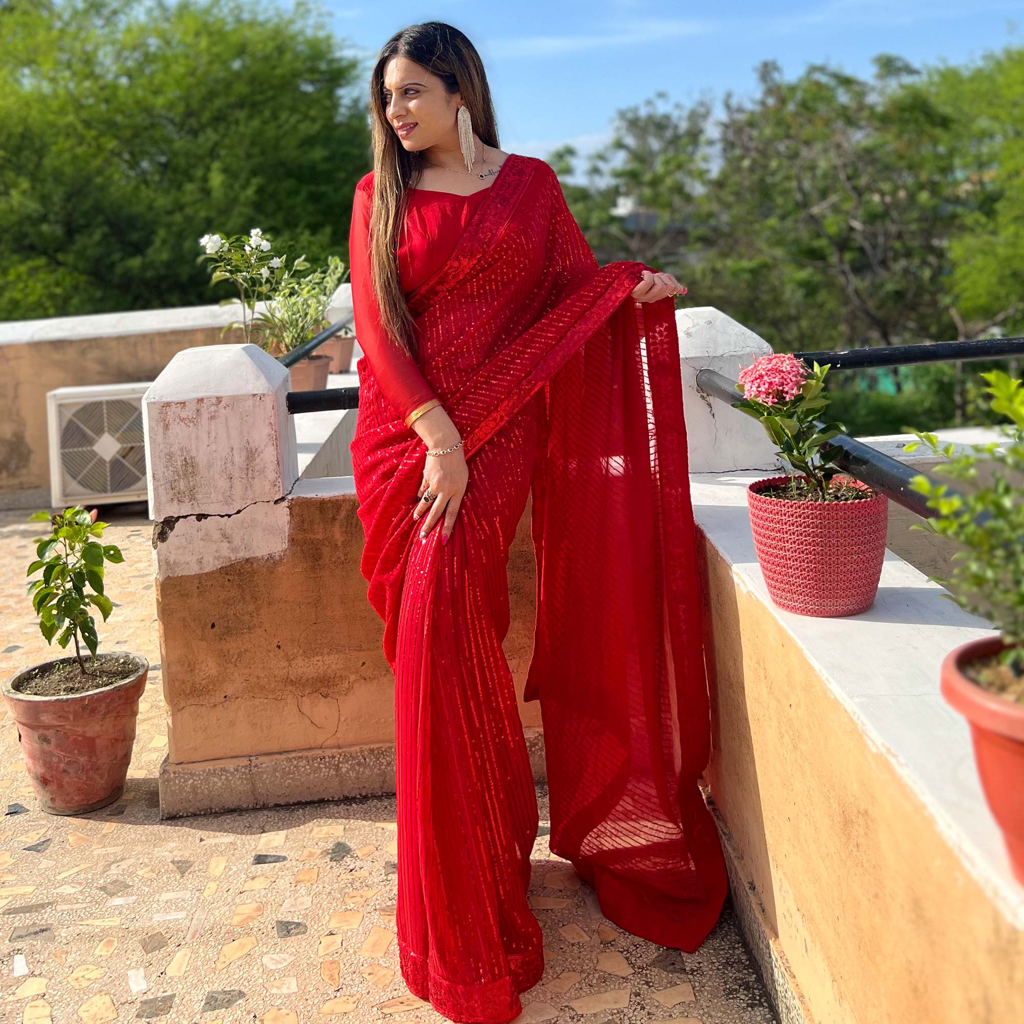 Red Sequins Embroidered Georgette Saree
