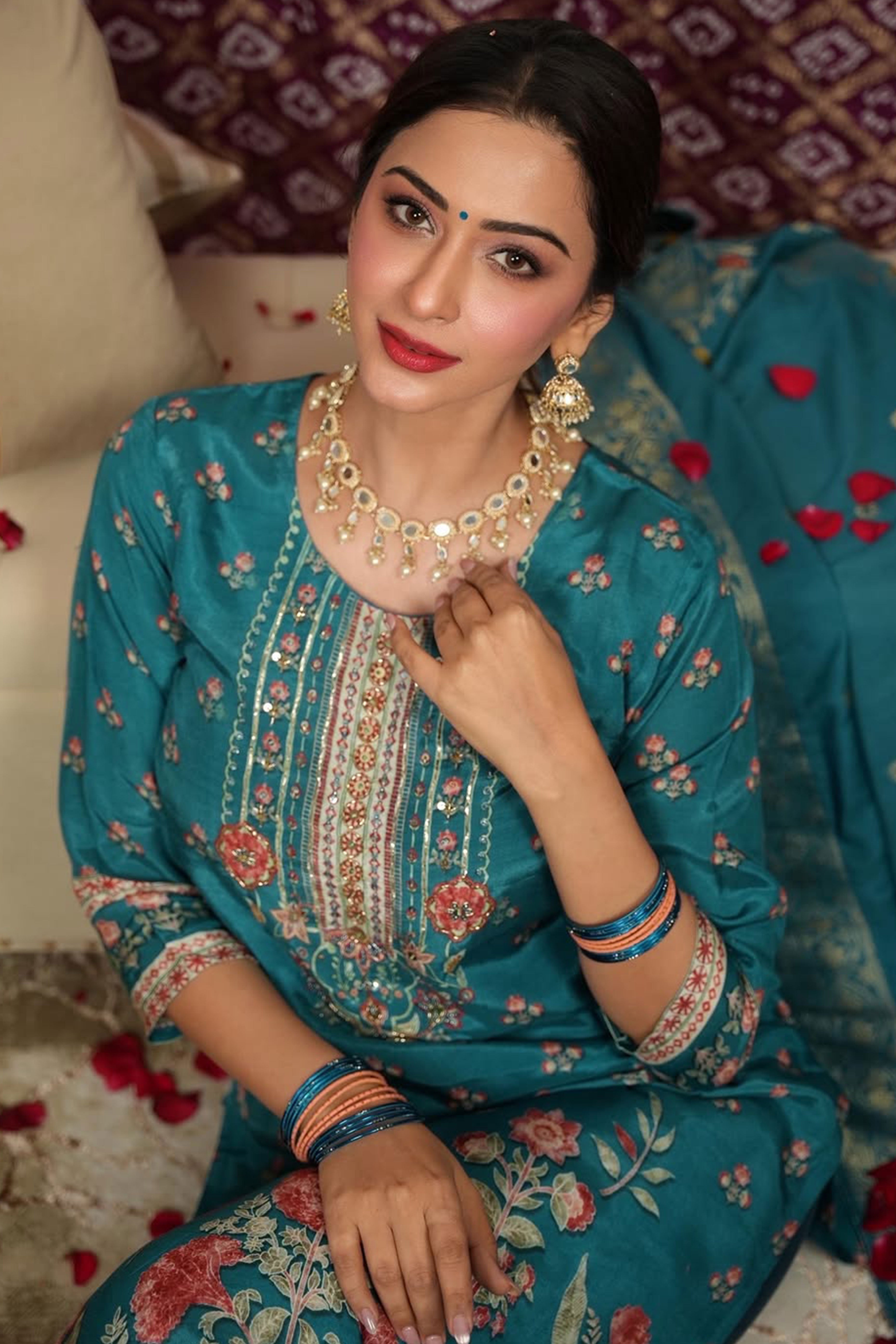 Beautiful Turquoise Floral Printed Straight Suit Designed in Lightweight Pure Muslin