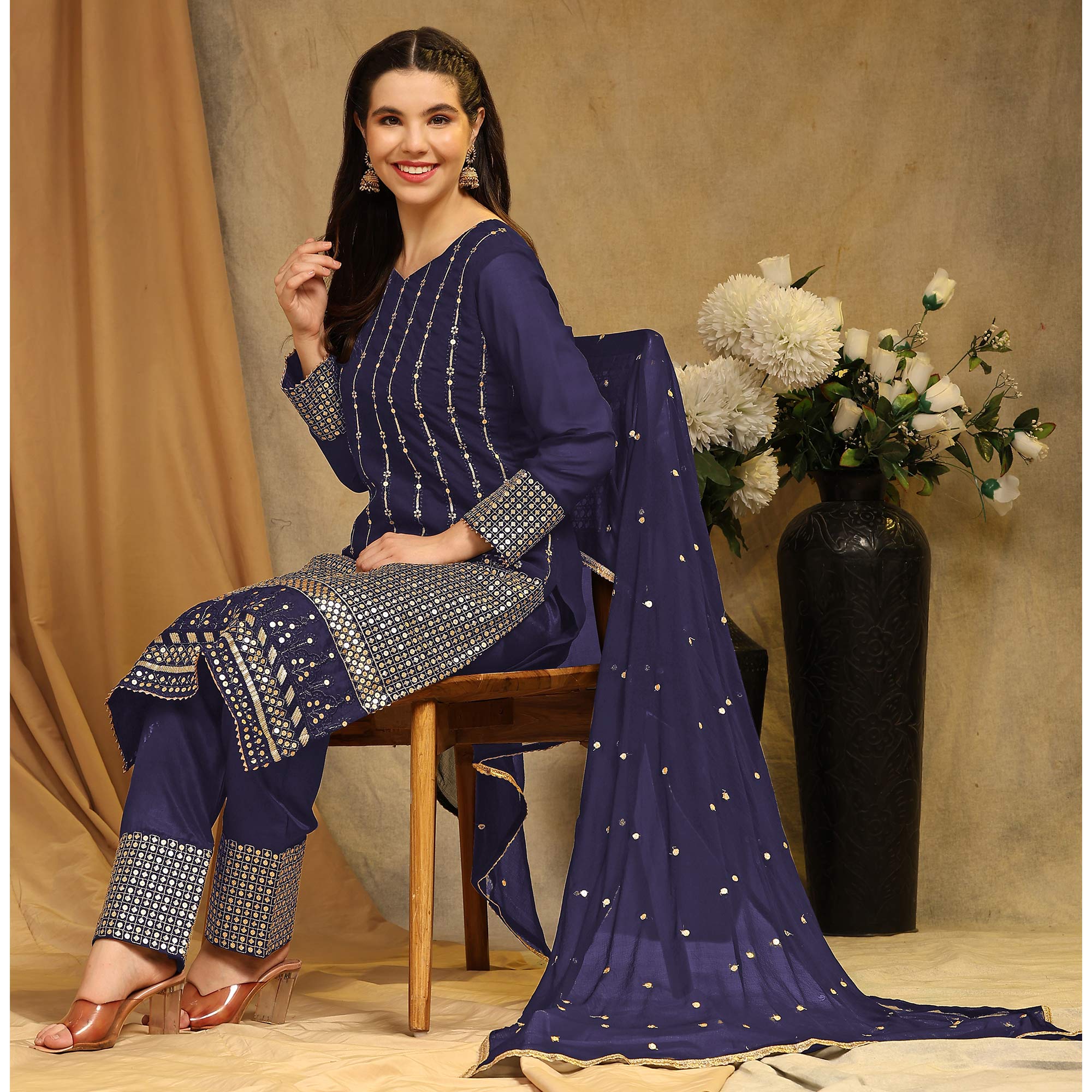 Navy Blue Sequins Embroidered Georgette Semi Stitched Salwar Suit