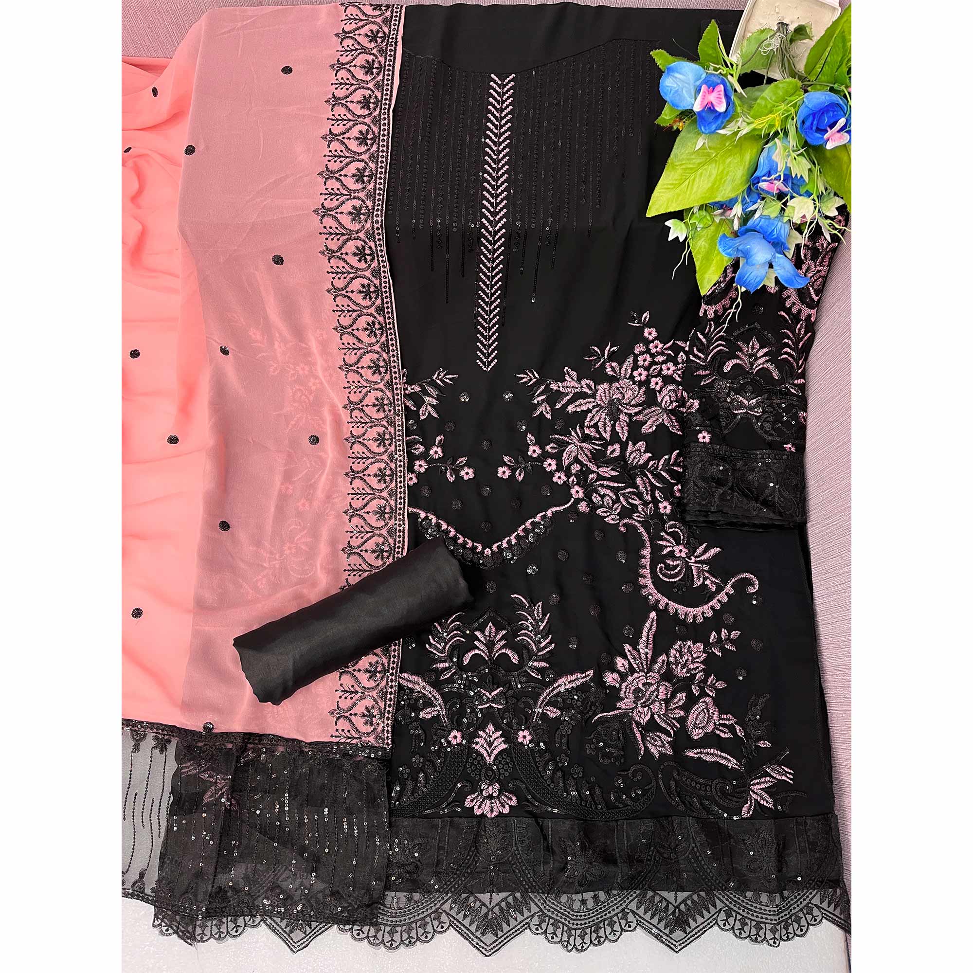 Black & Peach Floral Embroidered Georgette Semi Stitched Pakistani Suit