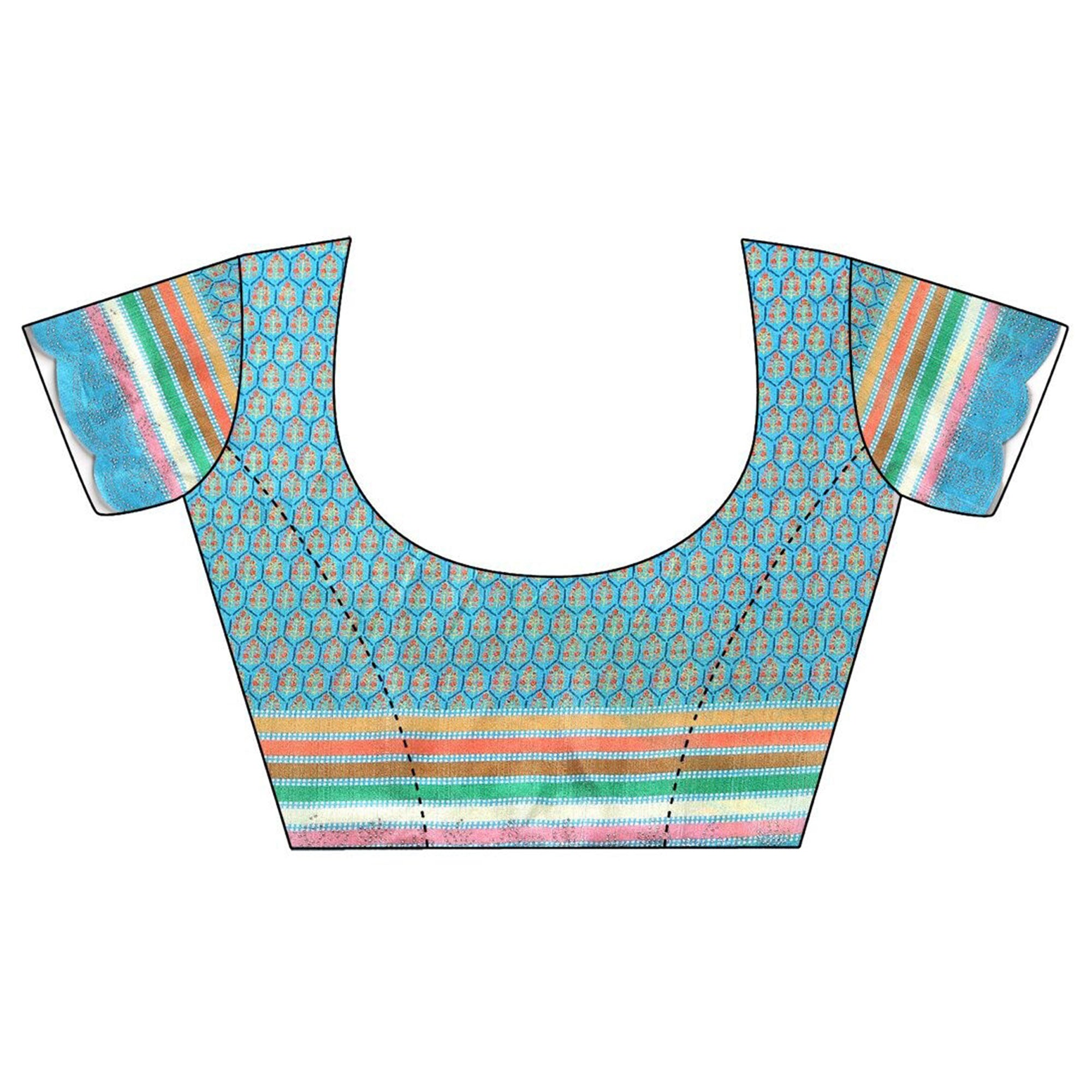 Sky Blue Printed With Swarovski Work Chiffon Saree