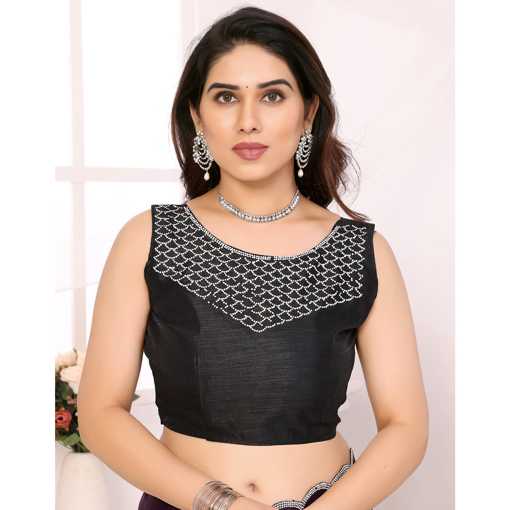 Purple Solid Chiffon Saree With Stone Work Border