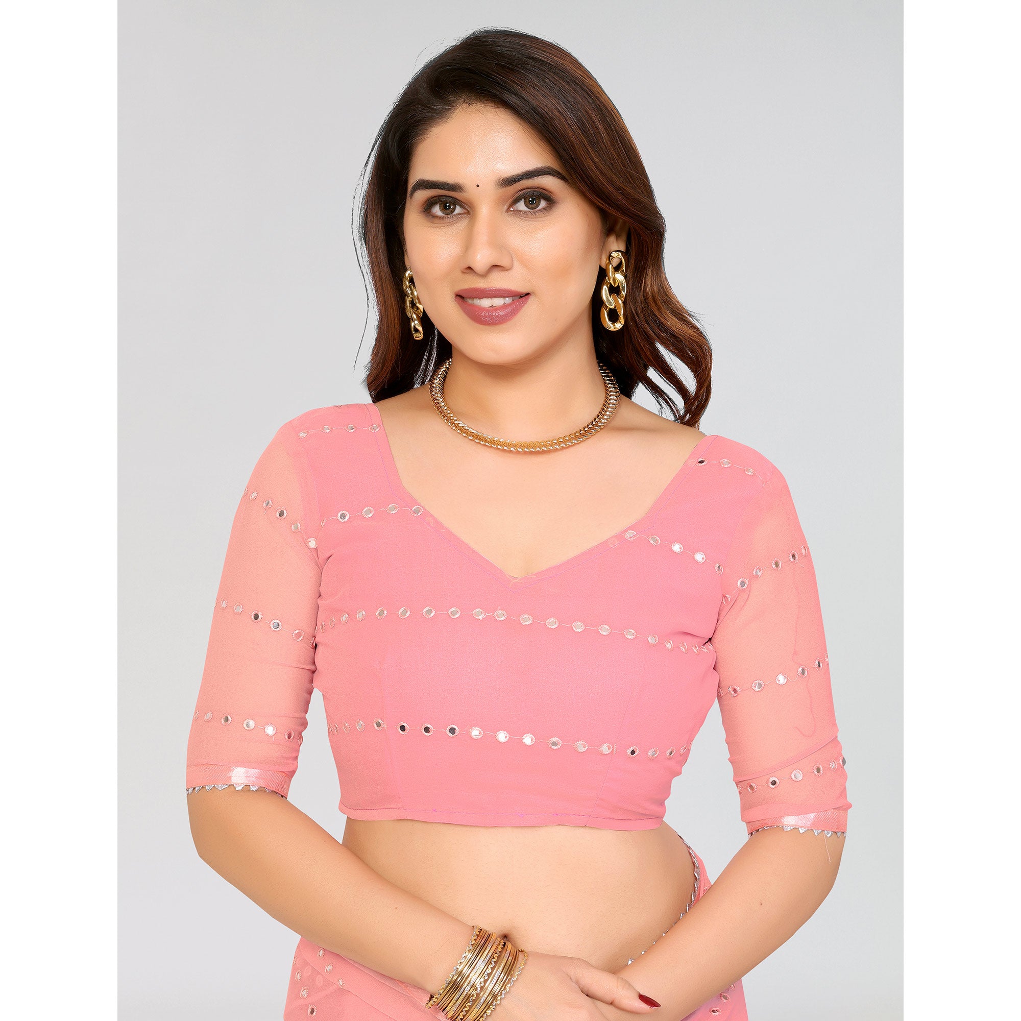 Light Pink Embroidered Georgette Ruffle Saree