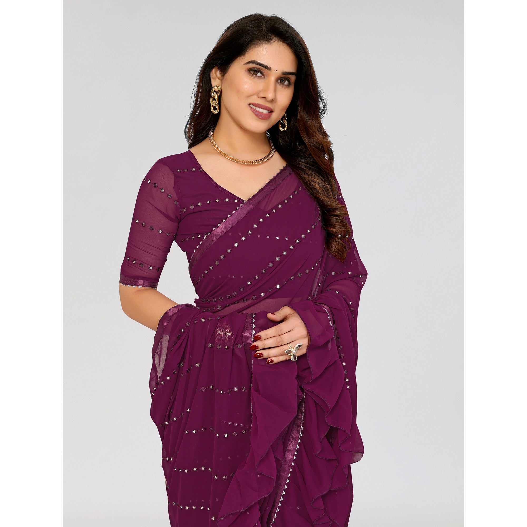 Purple Embroidered Georgette Ruffle Saree