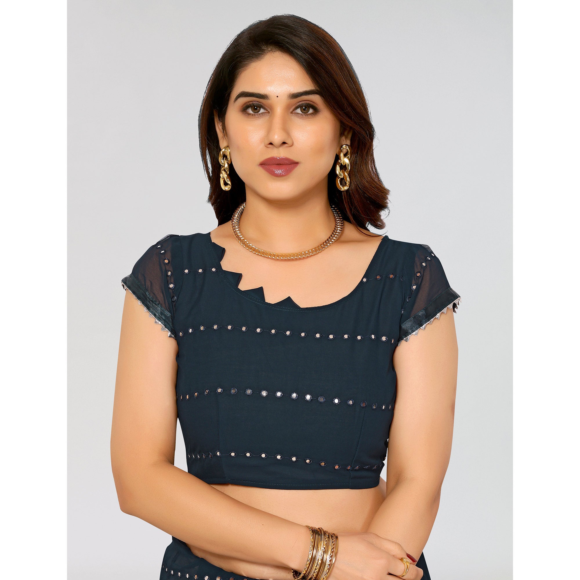 Teal Embroidered Georgette Ruffle Saree