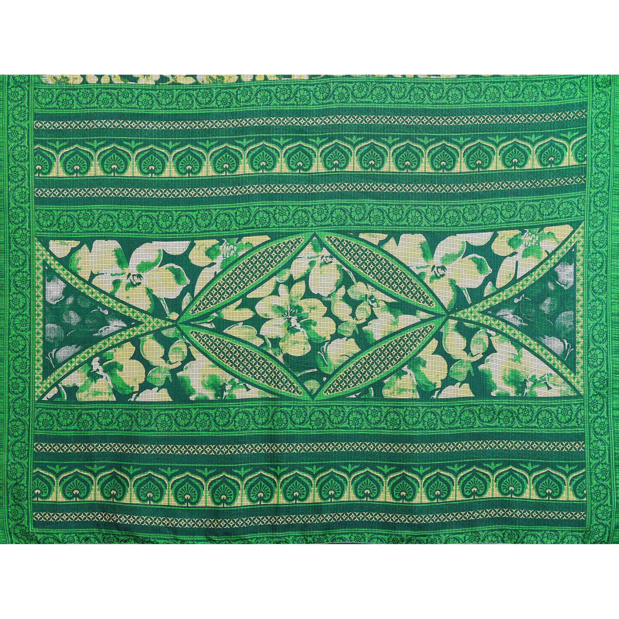 Green Kota Doria Saree with Graceful Floral Print Work