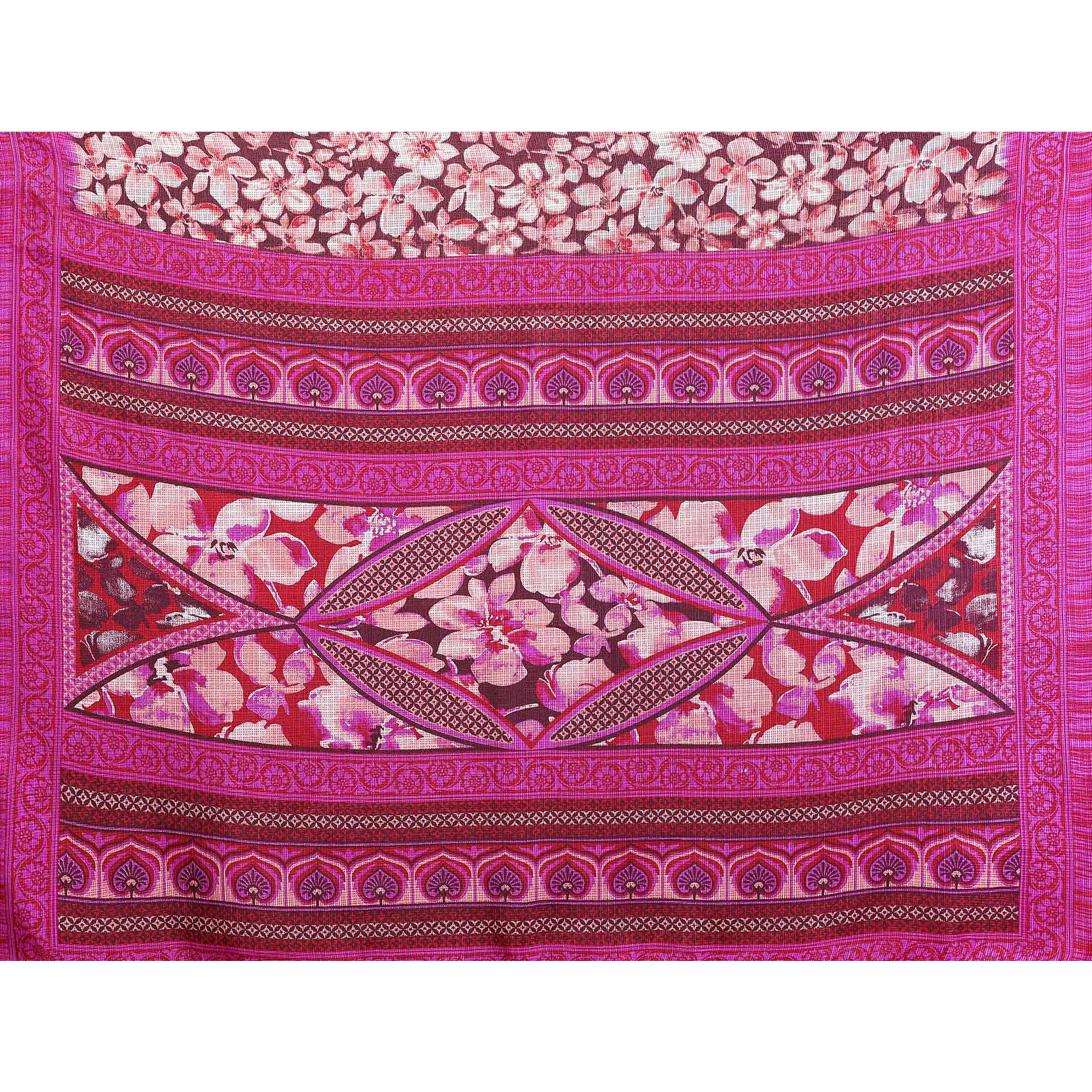 Pink Kota Doria Saree with Graceful Floral Print Work